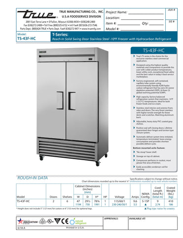 True TS-43F-HC 47" Two Section Solid Door Reach-In Freezer