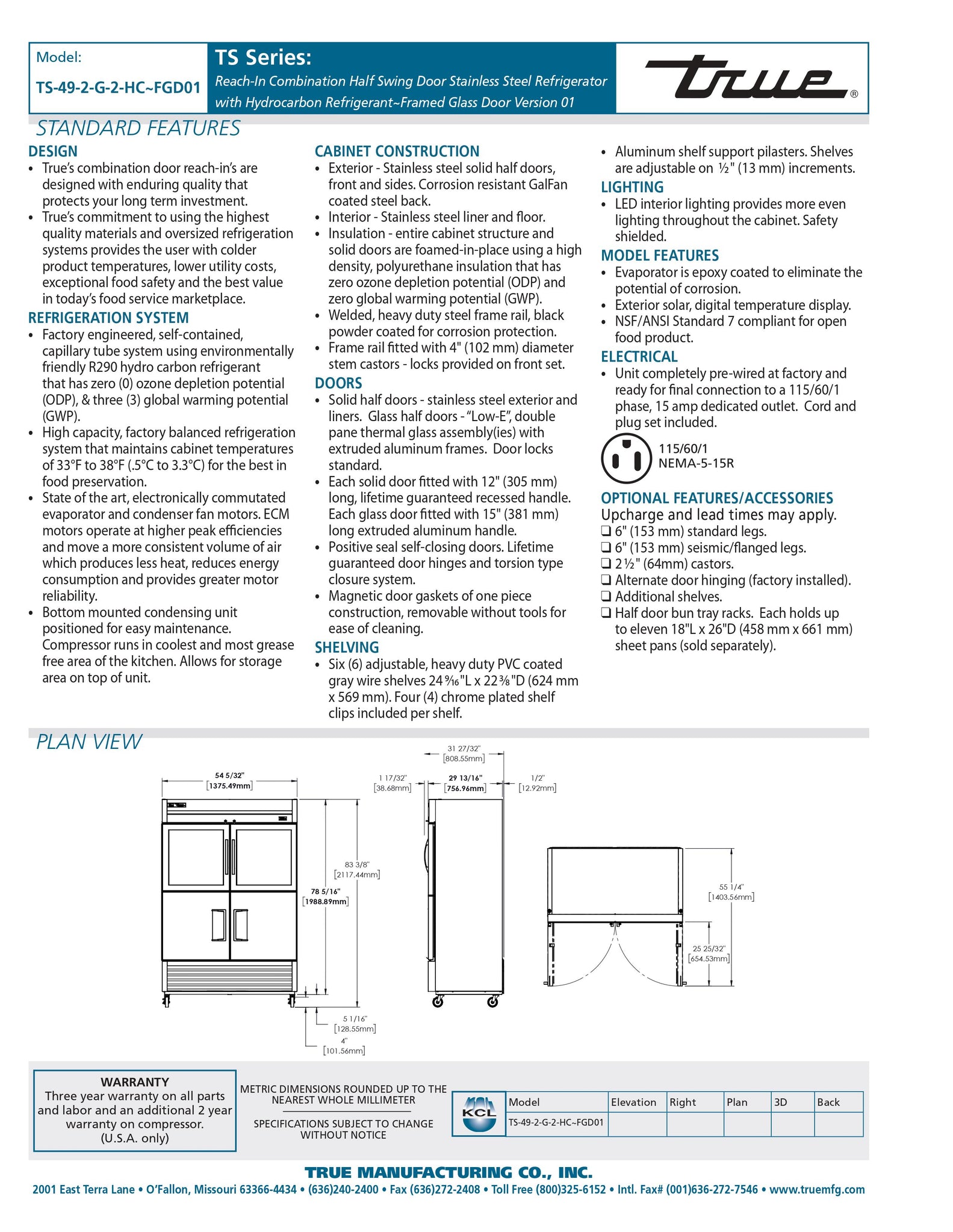 True TS-49-2-G-2-HC~FGD01 54" Two Section Solid and Glass Half Door Reach-In Refrigerator - Framed Glass Door Version 01