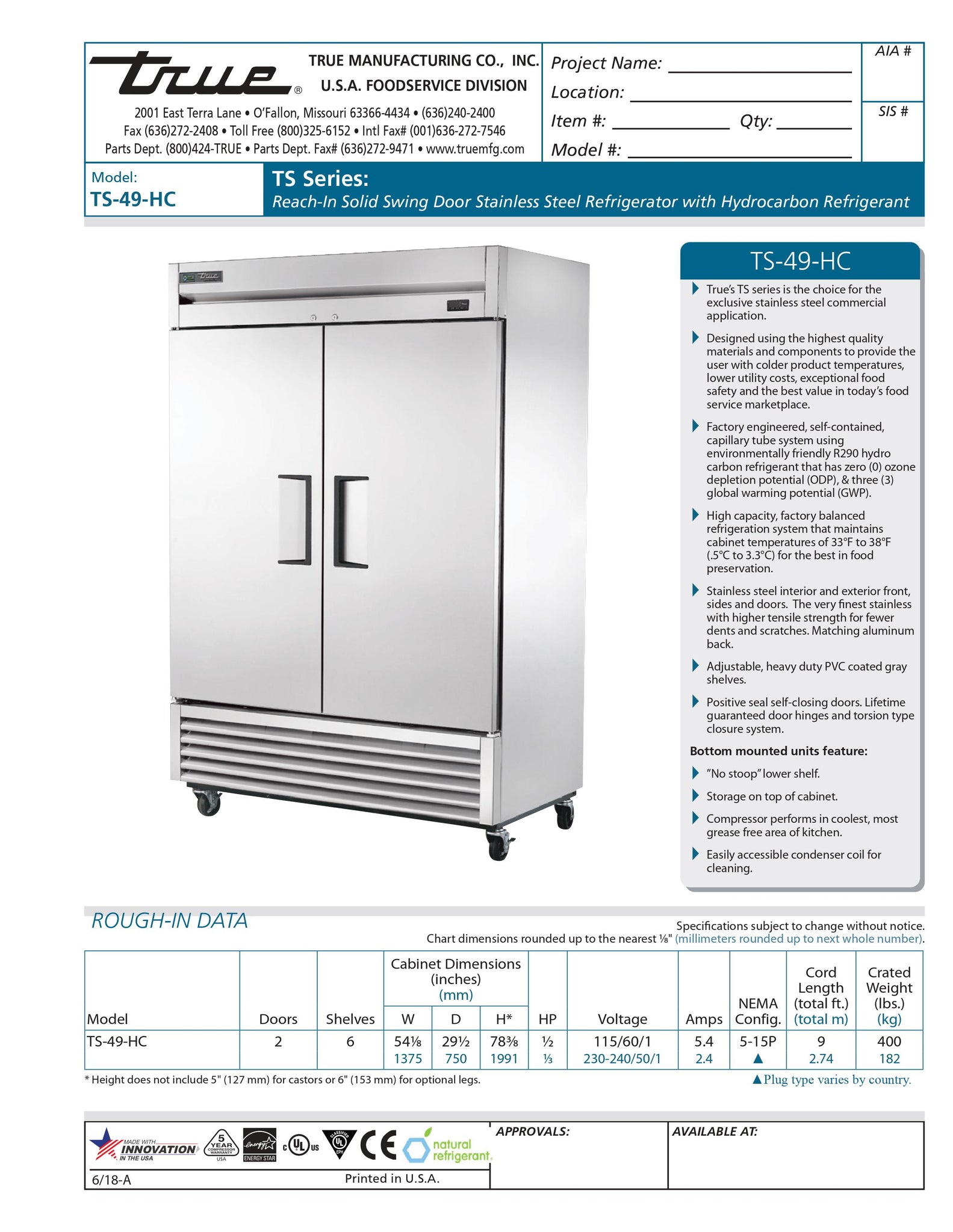 True TS-49-HC 54" Two Section Solid Door Reach-In Refrigerator