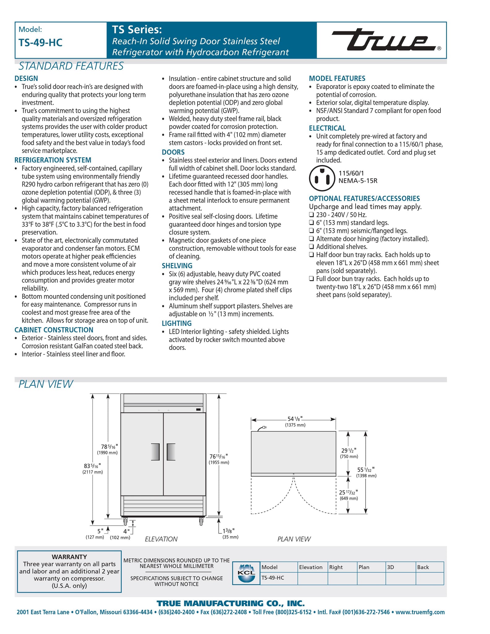 True TS-49-HC 54" Two Section Solid Door Reach-In Refrigerator