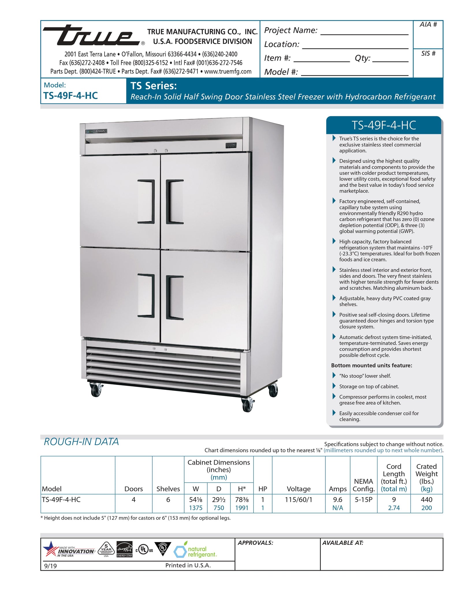 True TS-49F-4-HC 54" Two Section Solid Half Door Reach-In Freezer