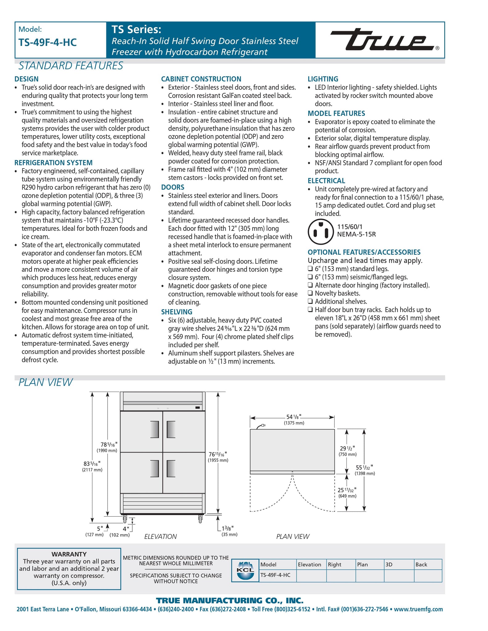 True TS-49F-4-HC 54" Two Section Solid Half Door Reach-In Freezer