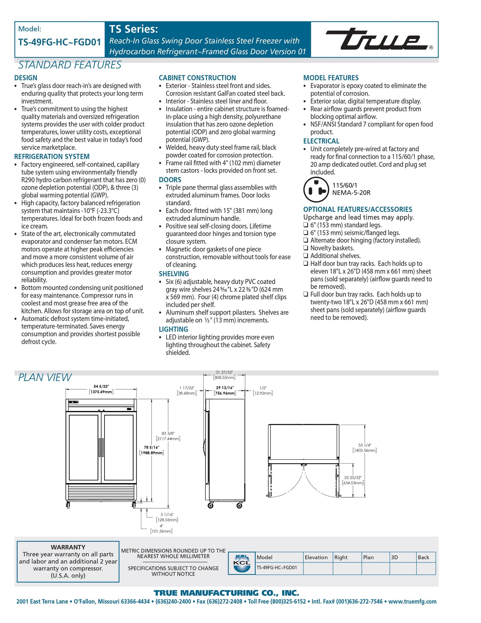 True TS-49FG-HC~FGD01 54" Two Section Solid Half Door Reach-In Freezer - Framed Glass Door Version 01