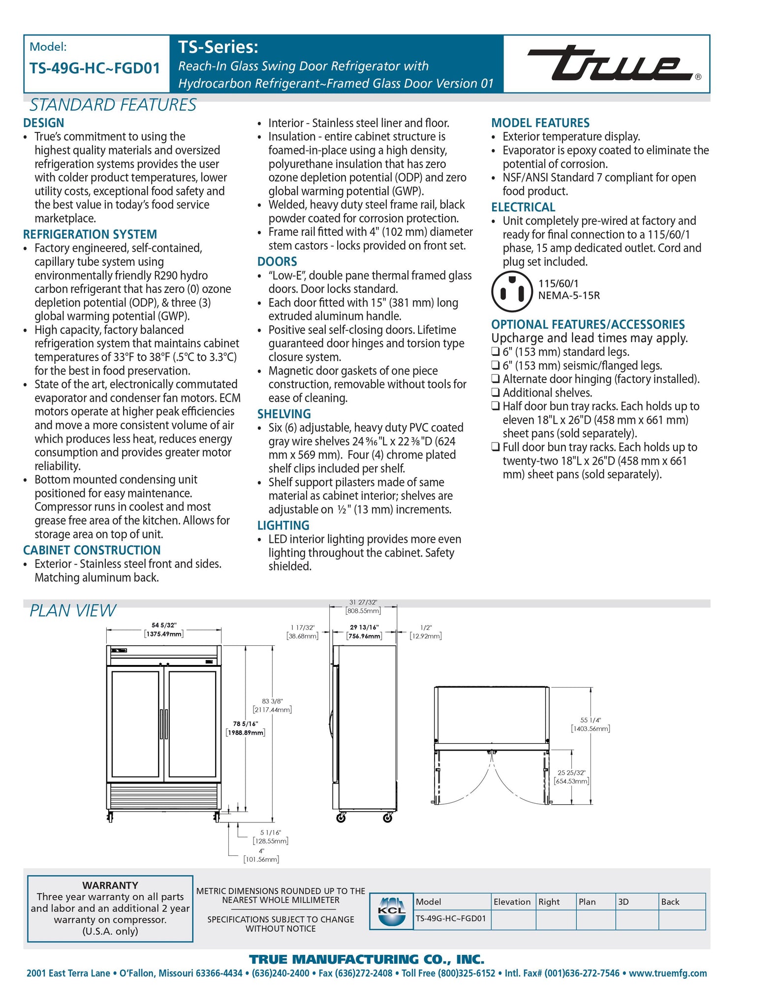 True TS-49G-HC~FGD01 54" Two Section Glass Door Reach-In Refrigerator - Framed Glass Door Version 01