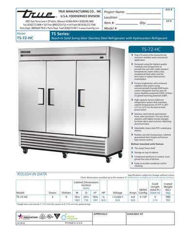 True TS-72-HC 78" Three Section Solid Door Reach-In Refrigerator