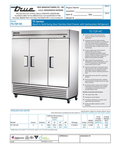 True TS-72F-HC 78" Three Section Solid Door Reach-In Freezer