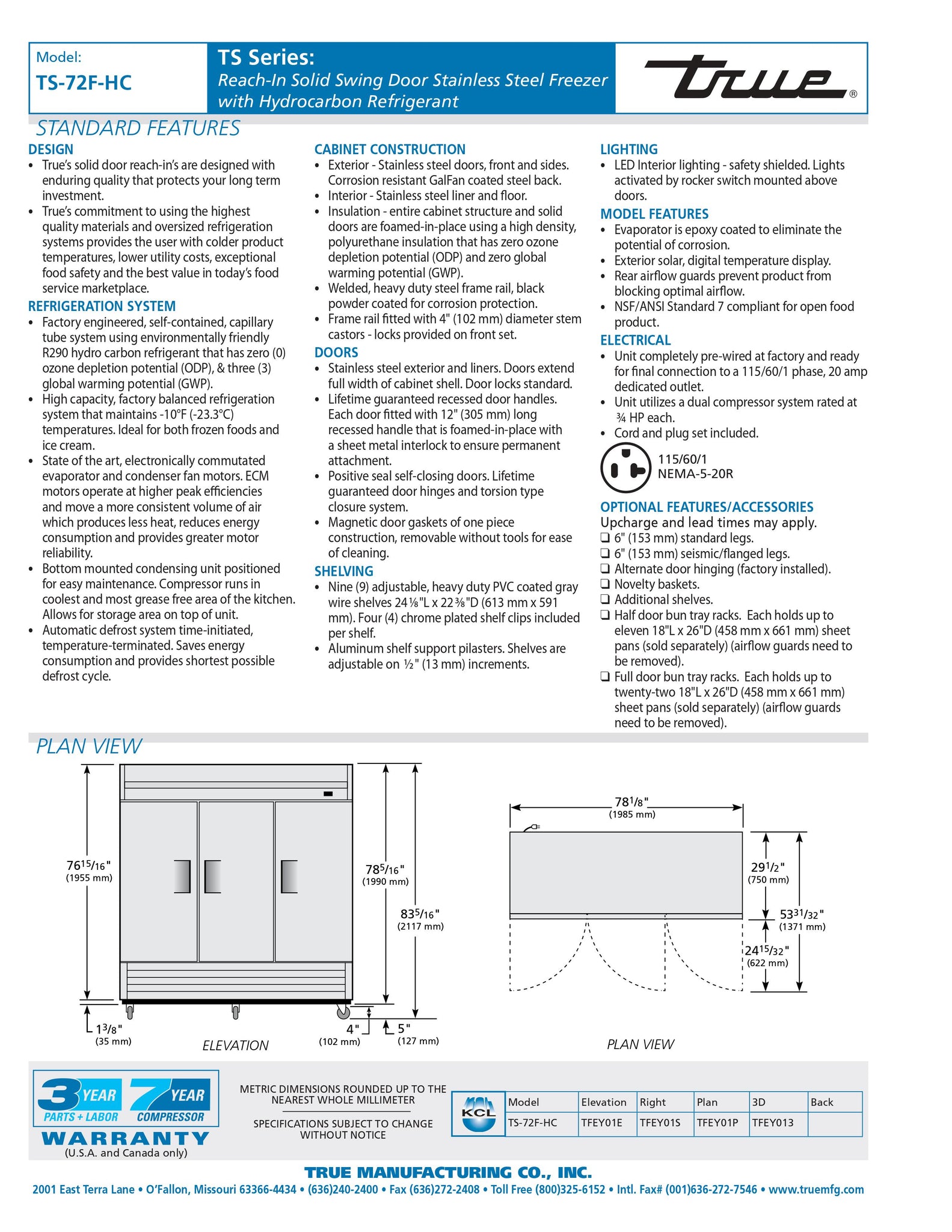 True TS-72F-HC 78" Three Section Solid Door Reach-In Freezer