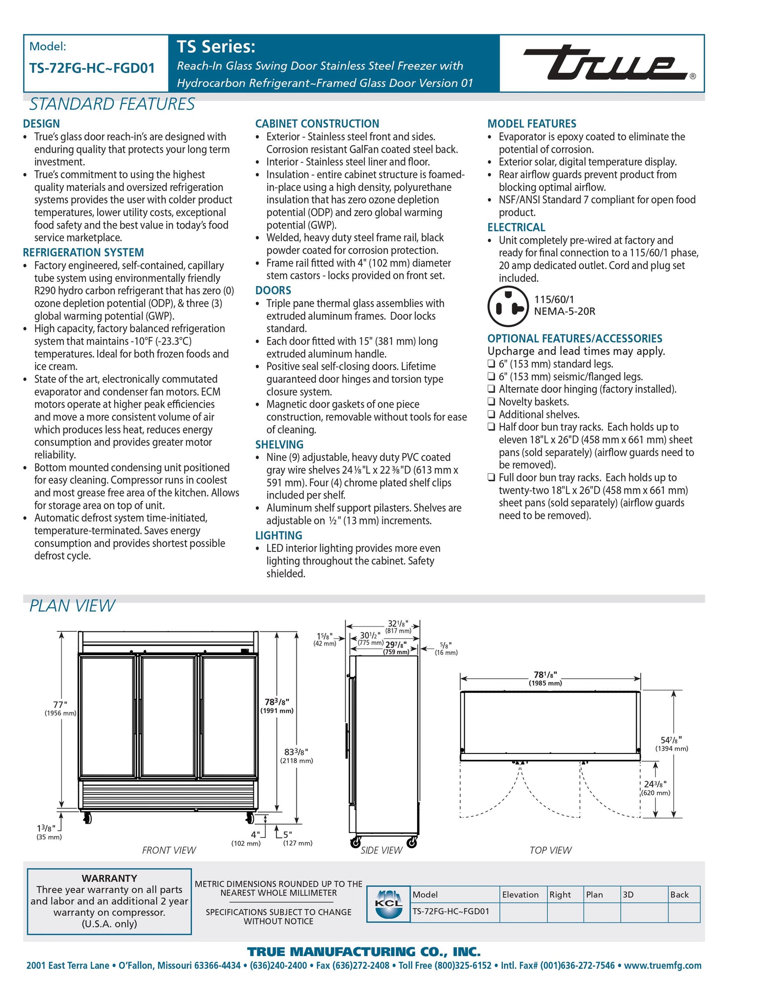 True TS-72FG-HC~FGD01 78" Three Section Glass Door Reach-In Freezer - Framed Glass Door Version 01