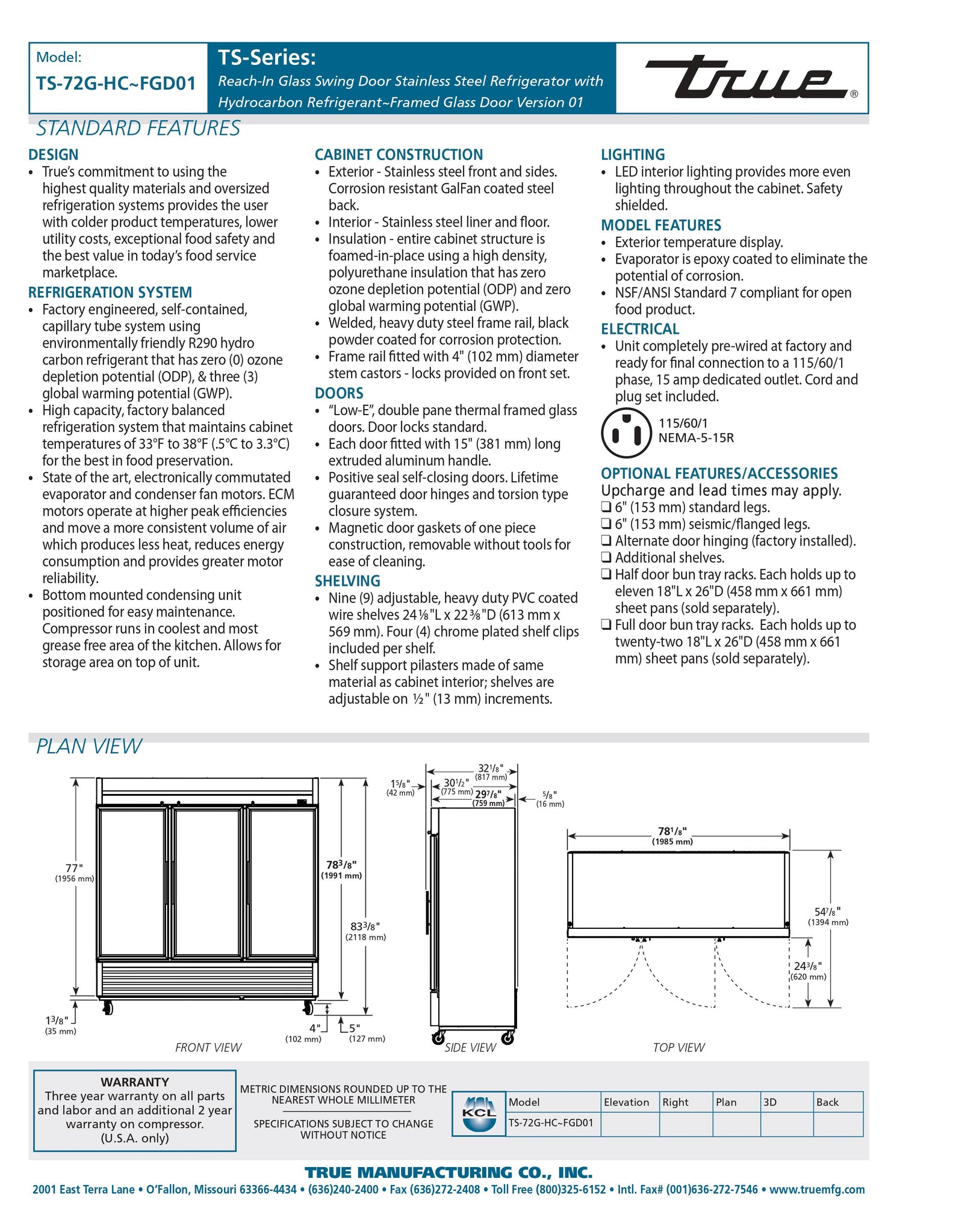 True TS-72G-HC~FGD01 78" Three Section Glass Door Reach-In Refrigerator - Framed Glass Door Version 01