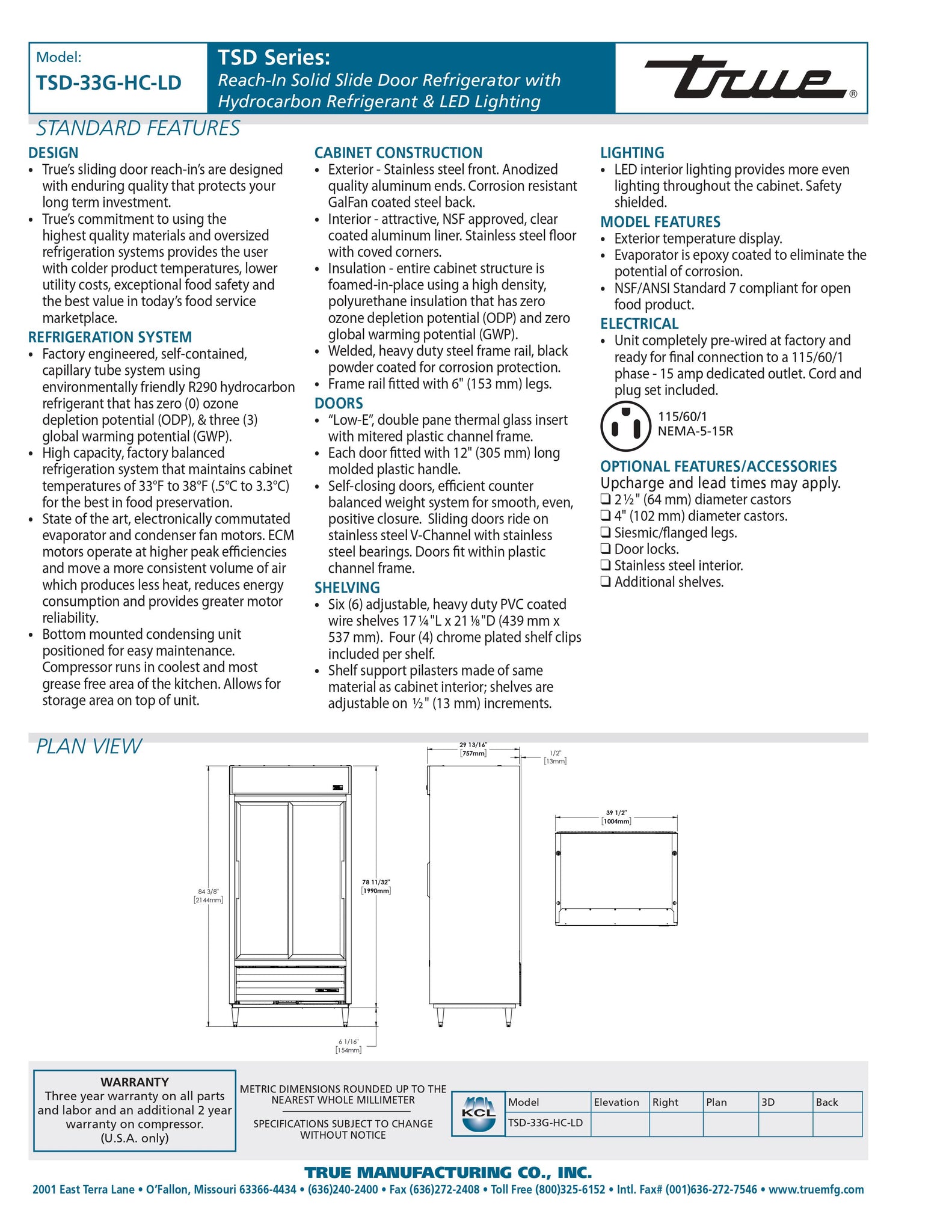 True TSD-33G-HC-LD 40" Two Section Glass Door Reach-In Refrigerator