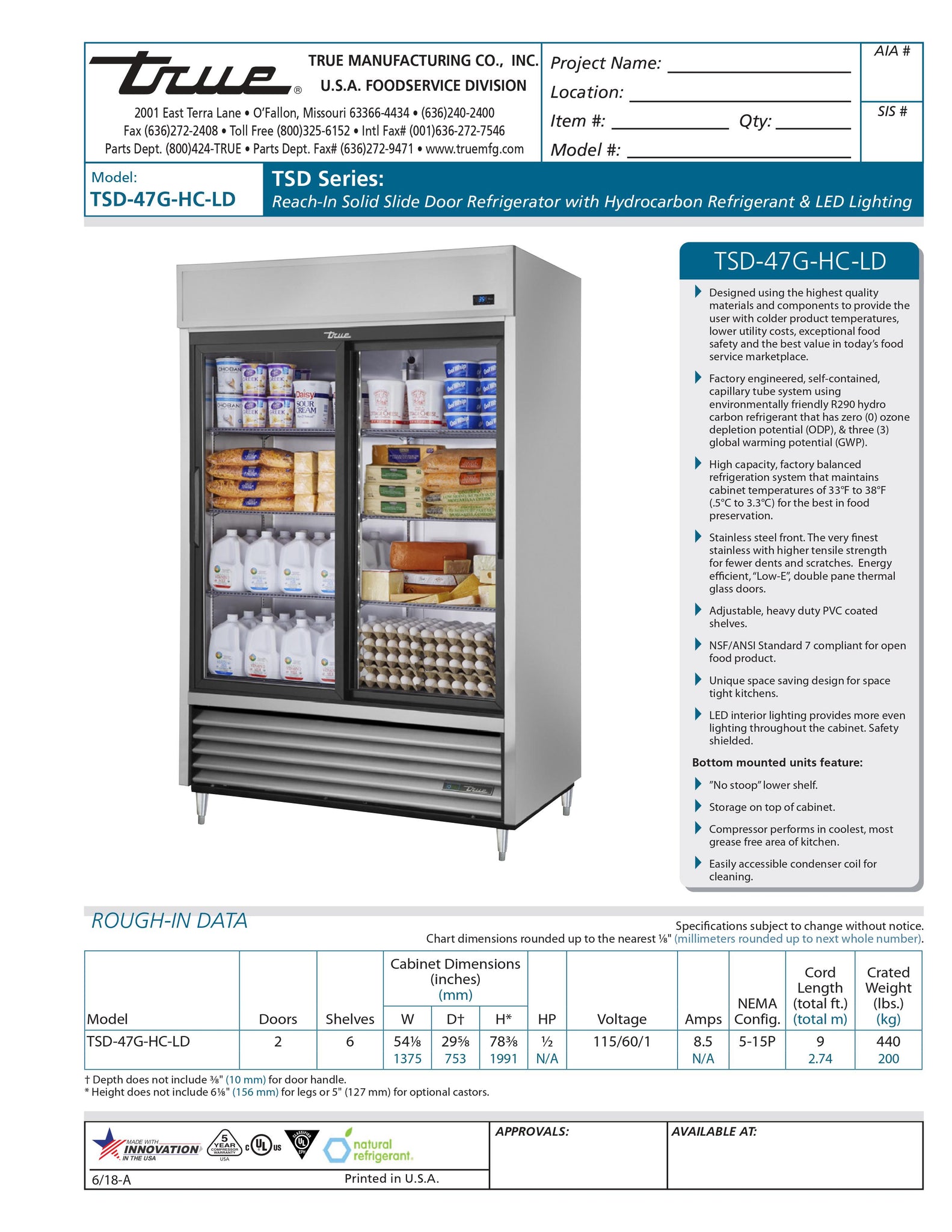 True TSD-47G-HC-LD 54" Two Section Glass Door Reach-In Refrigerator
