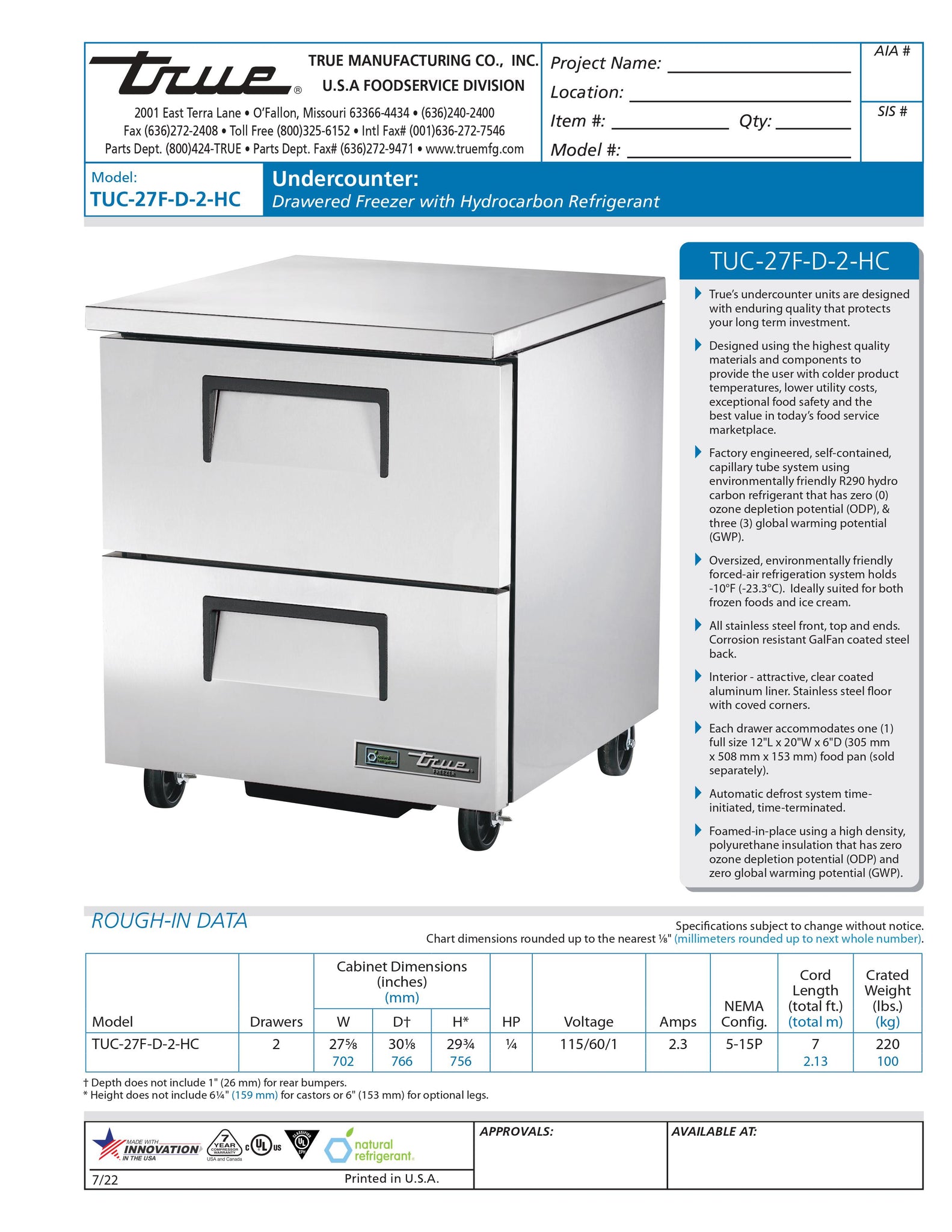 True TUC-27F-D-2-HC 28" Two Drawer Undercounter Freezer