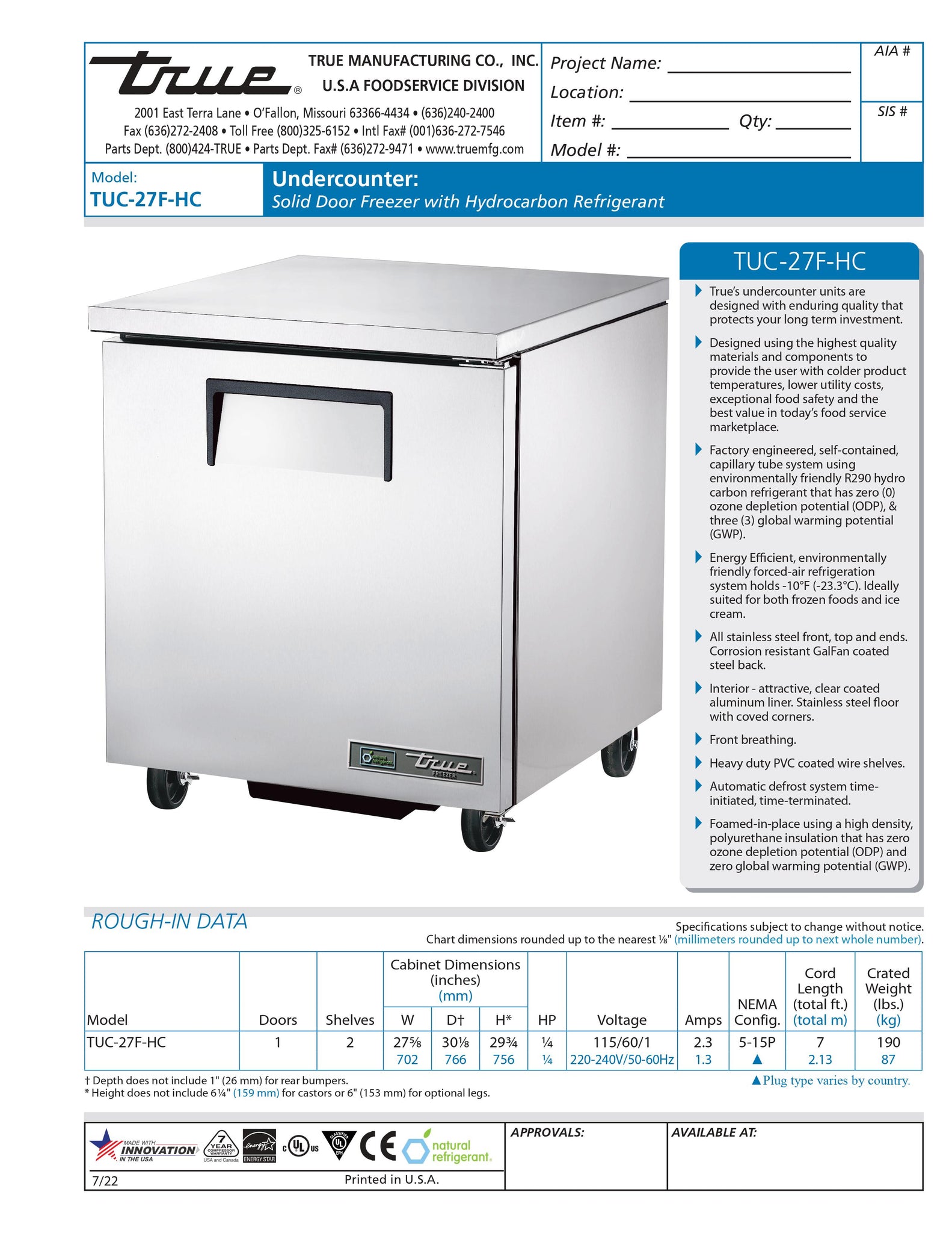 True TUC-27F-HC 28" One Section Undercounter Freezer