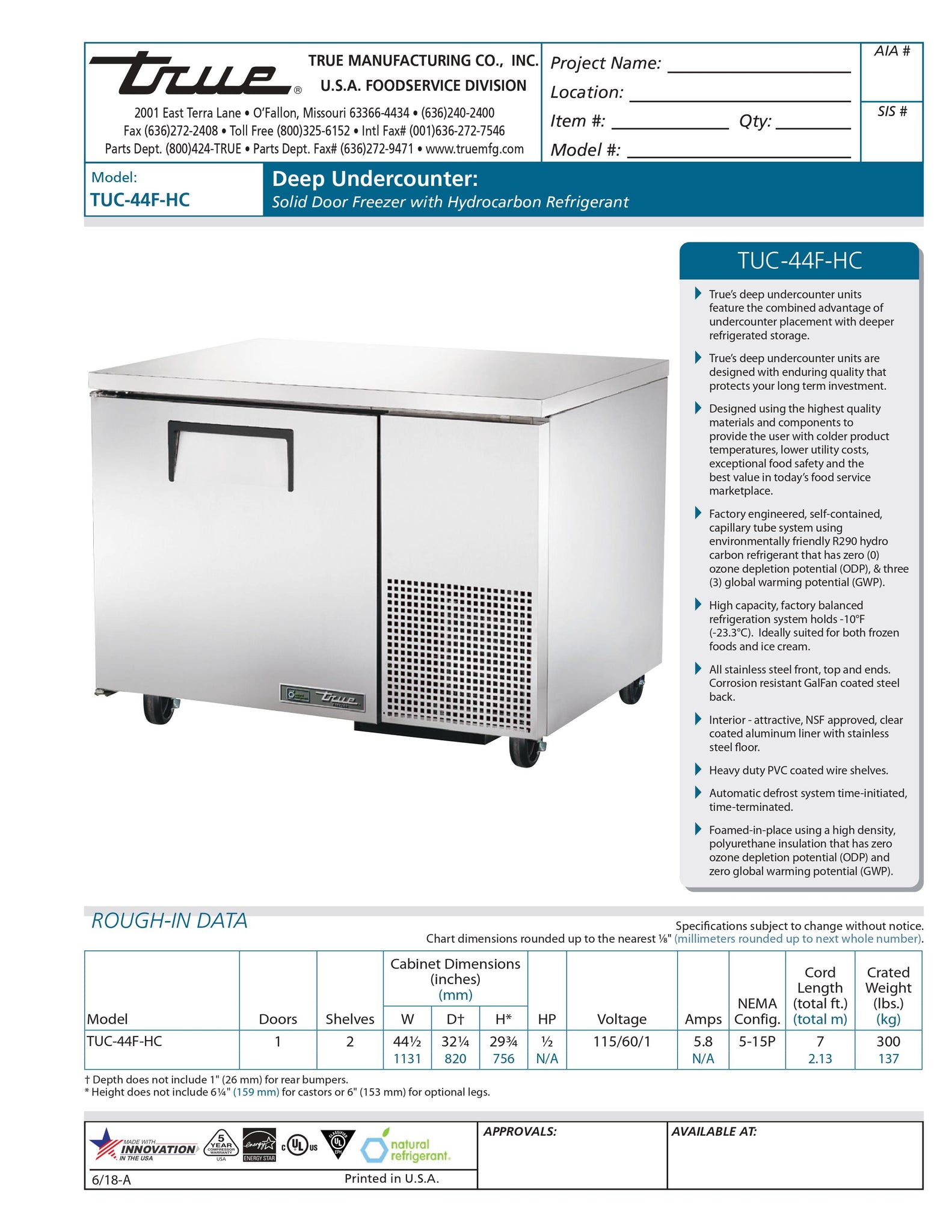 True TUC-44F-HC 45" One Section Undercounter Freezer