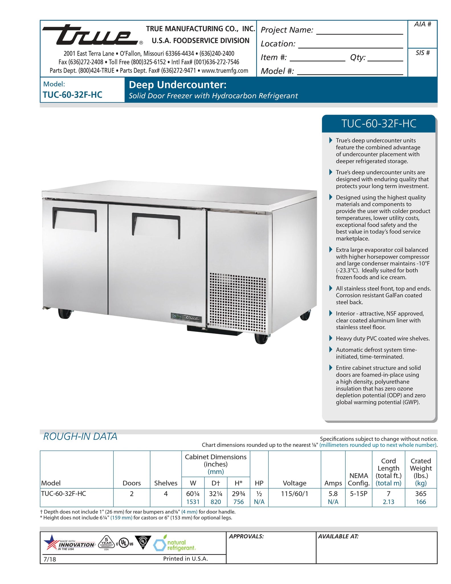 True TUC-60-32F-HC 60" Undercounter Freezer with Two Locking Doors