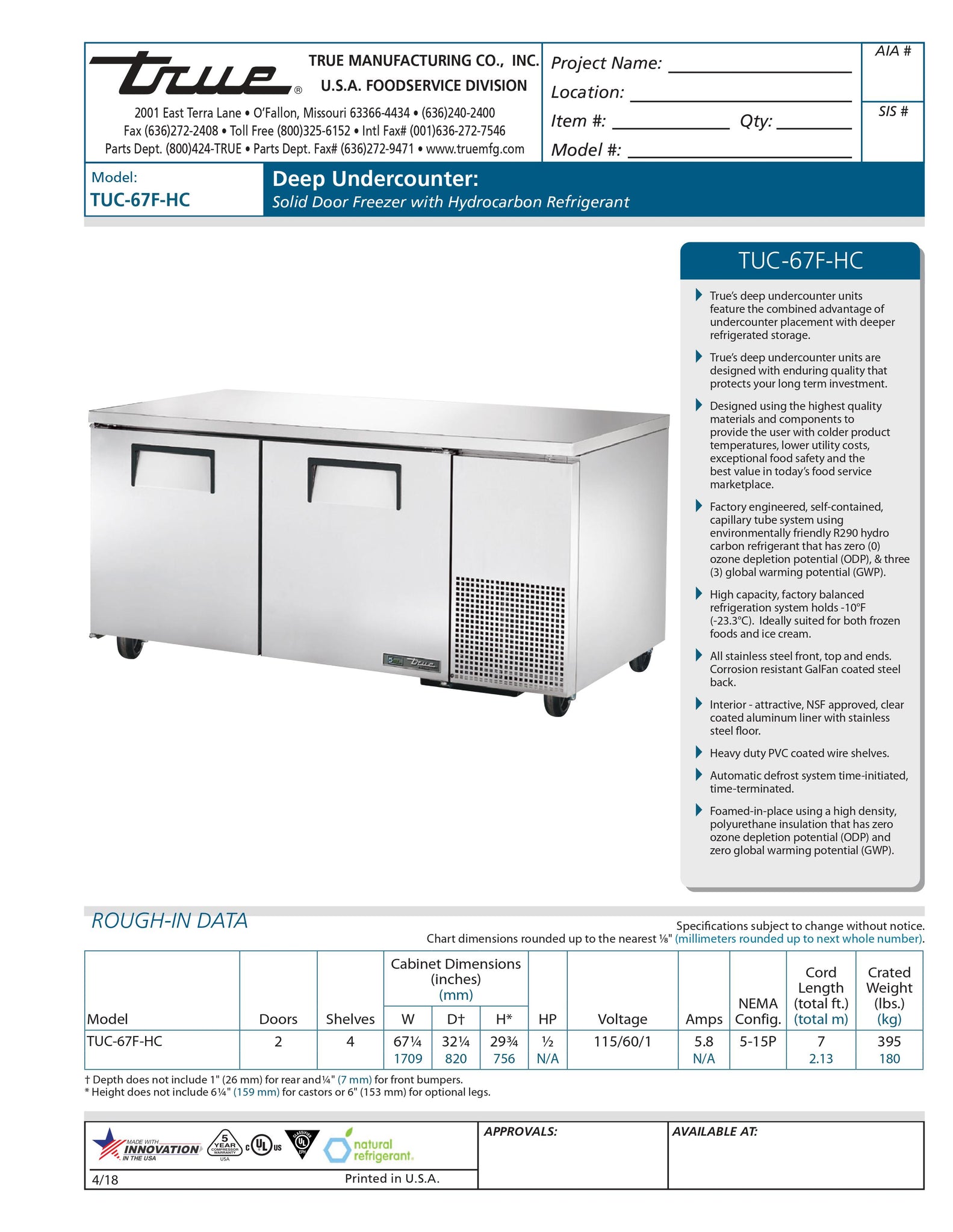 True TUC-67F-HC 67" Two Section Undercounter Freezer