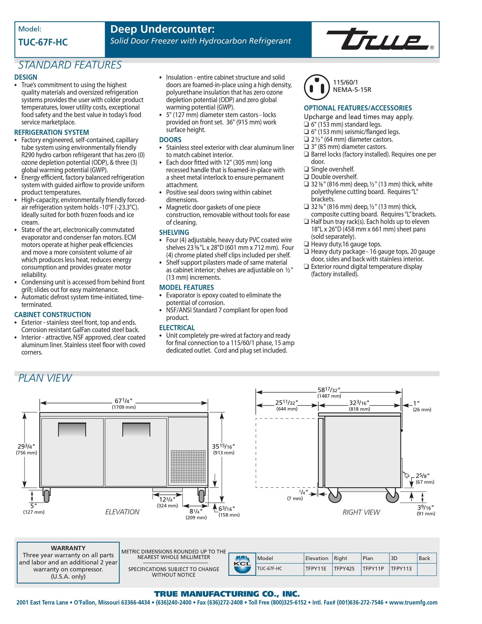 True TUC-67F-HC 67" Two Section Undercounter Freezer