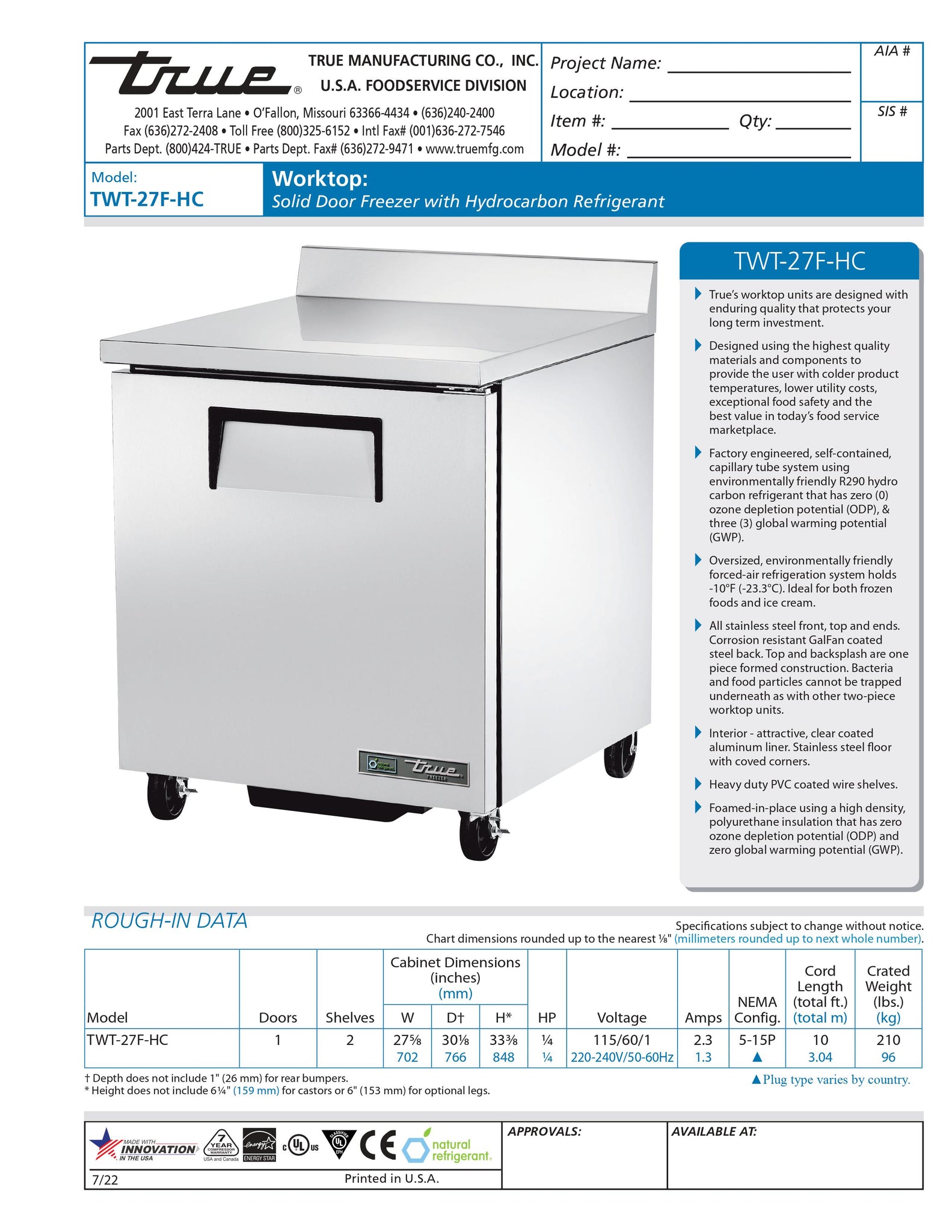 True TWT-27F-HC 28" Undercounter Worktop Freezer with One Locking Door