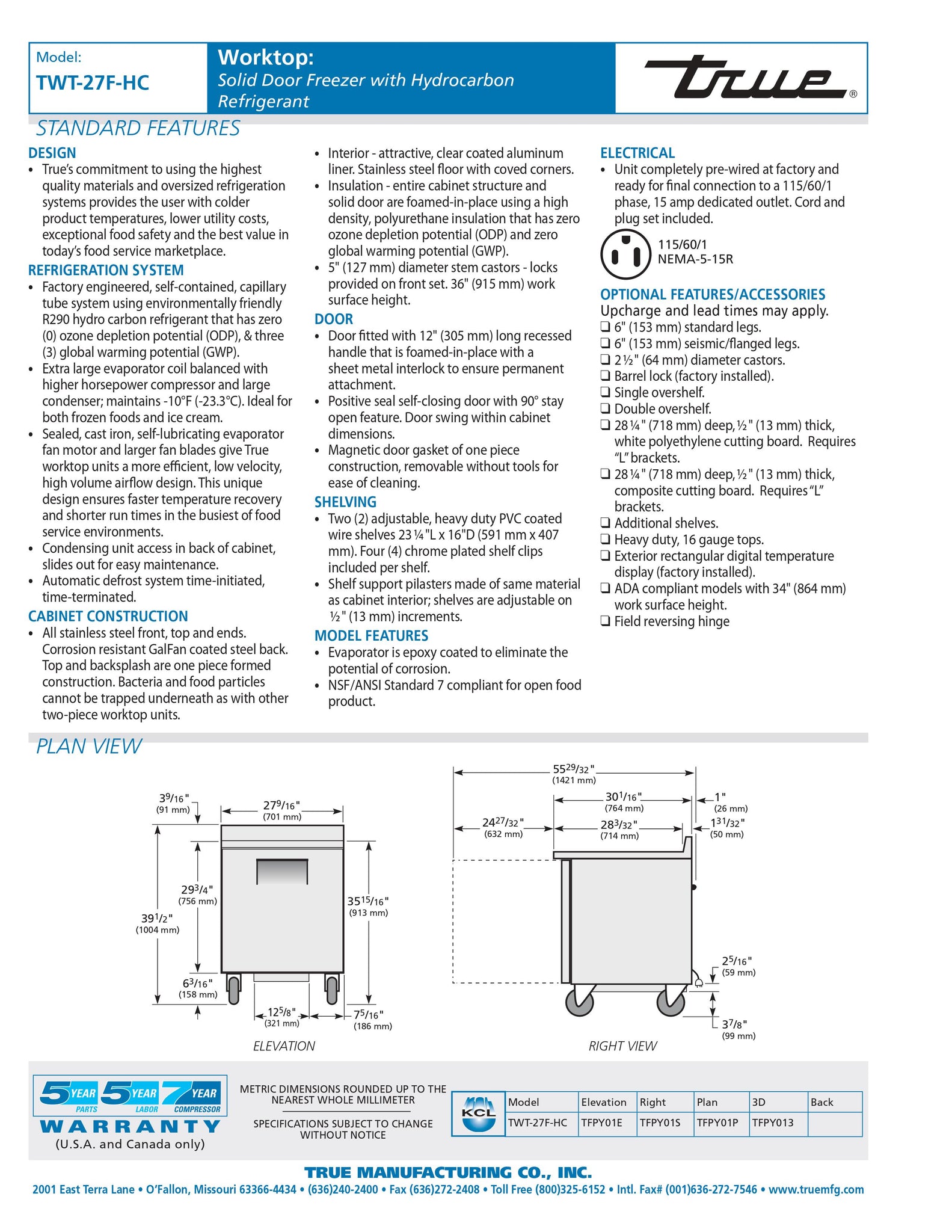 True TWT-27F-HC 28" Undercounter Worktop Freezer with One Locking Door