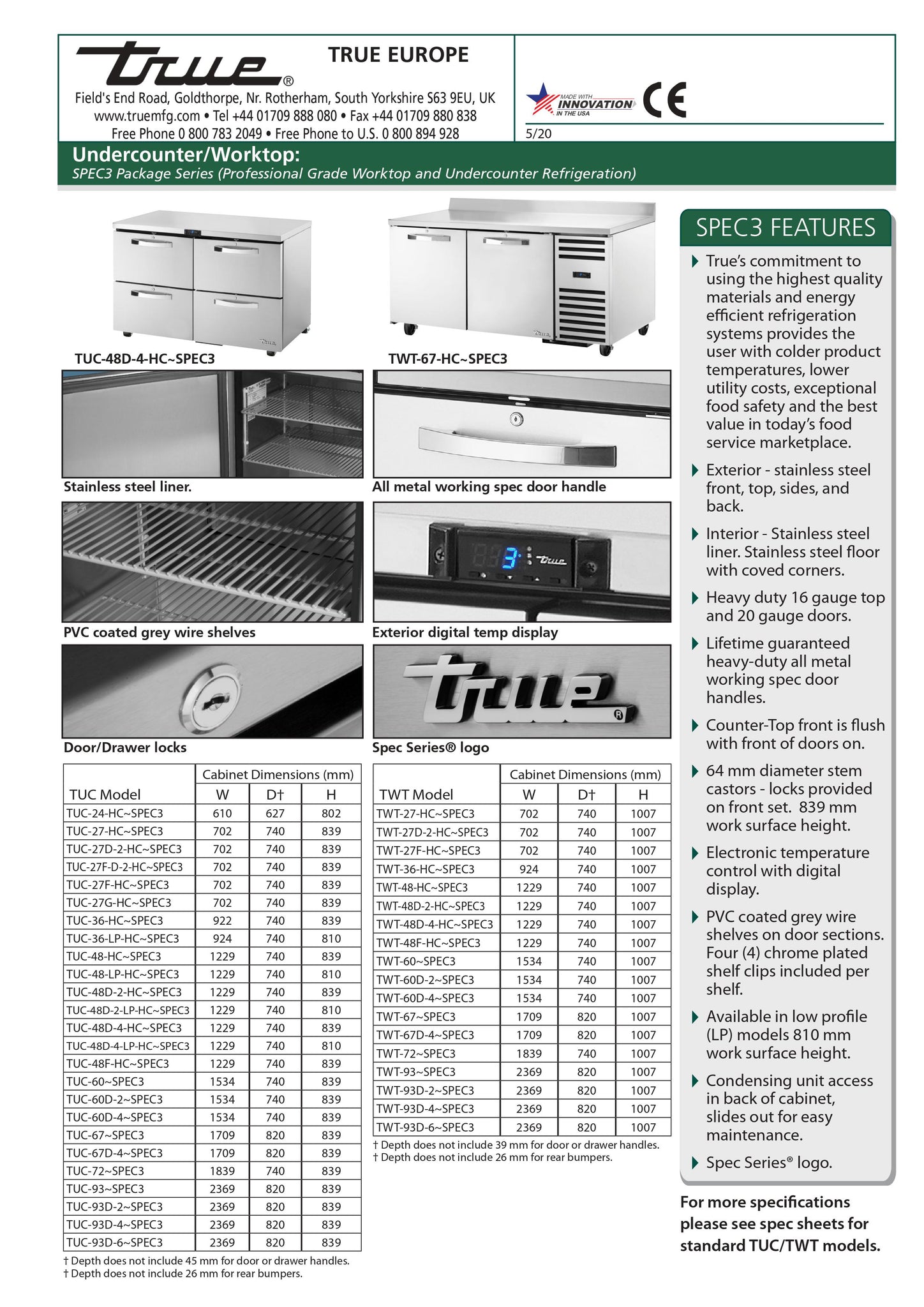 True TWT-27F-HC~SPEC3 28" Undercounter Worktop Freezer with One Locking Door - Spec Package 3