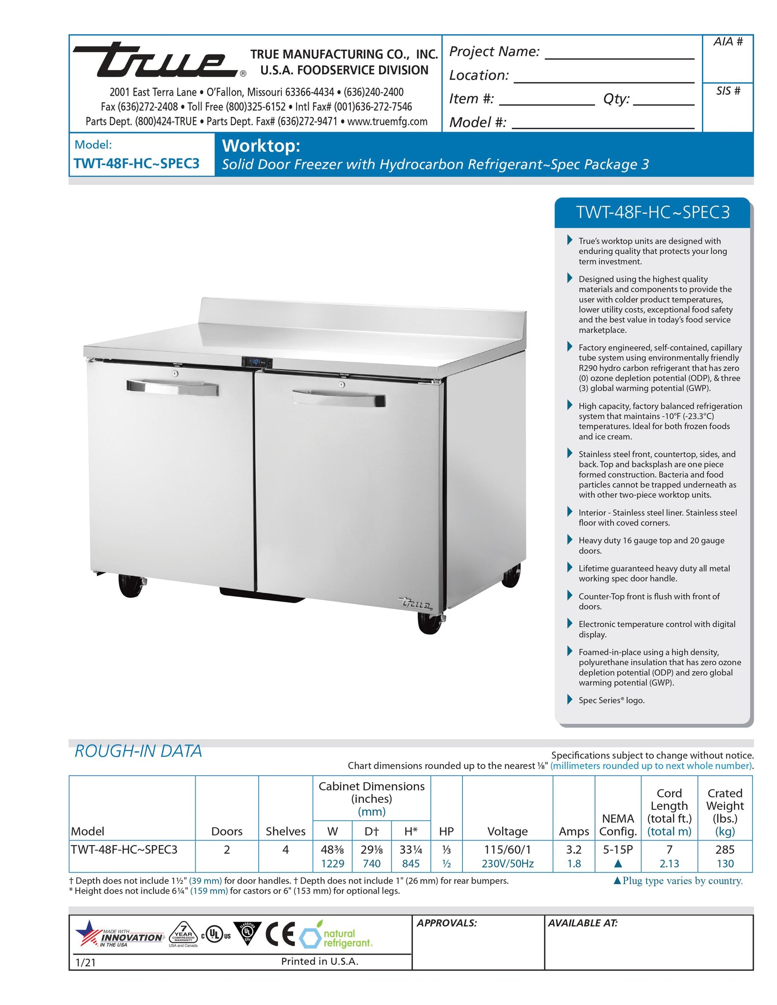 True TWT-48F-HC~SPEC3 48" Undercounter Worktop Freezer with Two Locking Doors - Spec Package 3