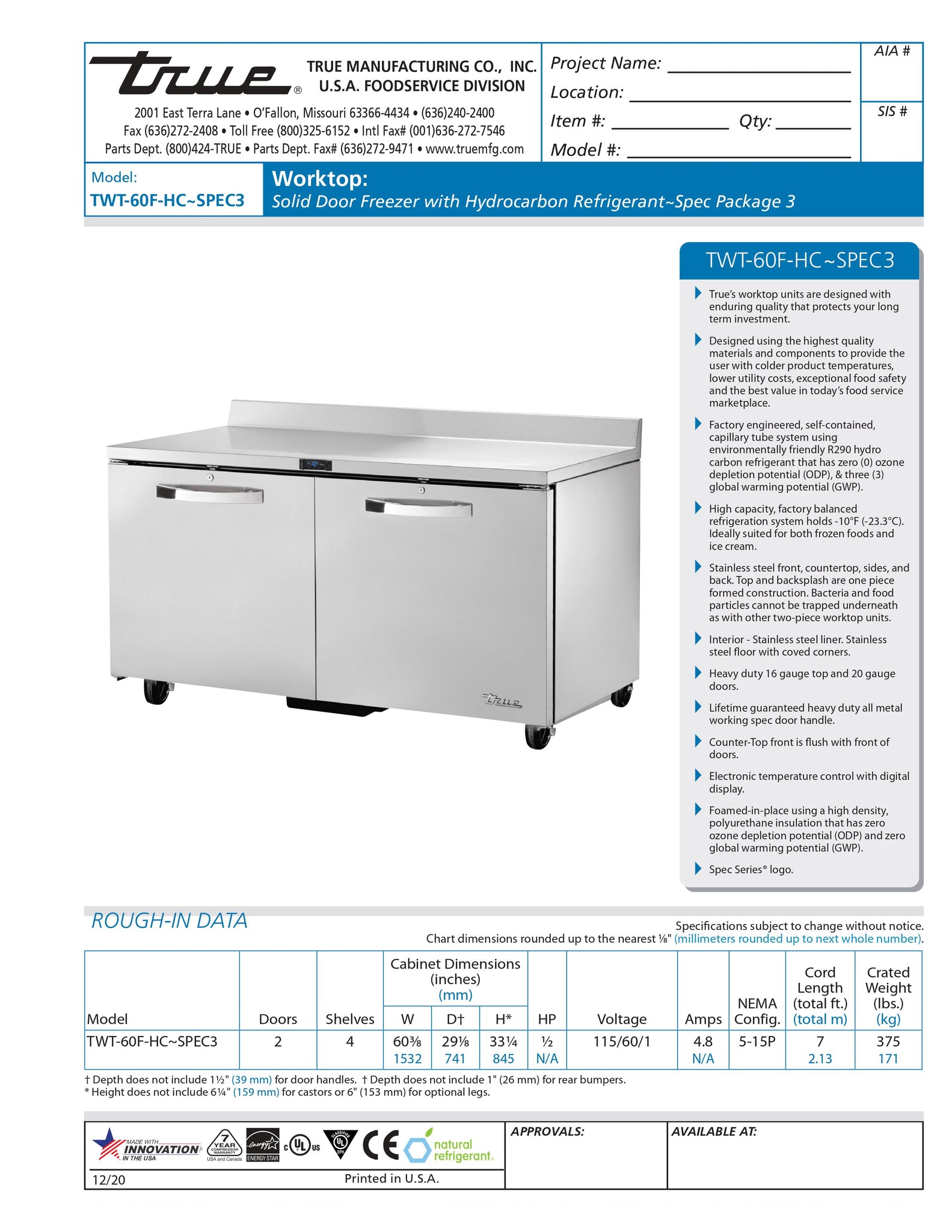 True TWT-60F-HC~SPEC3 60" Undercounter Worktop Freezer with Two Locking Doors - Spec Package 3