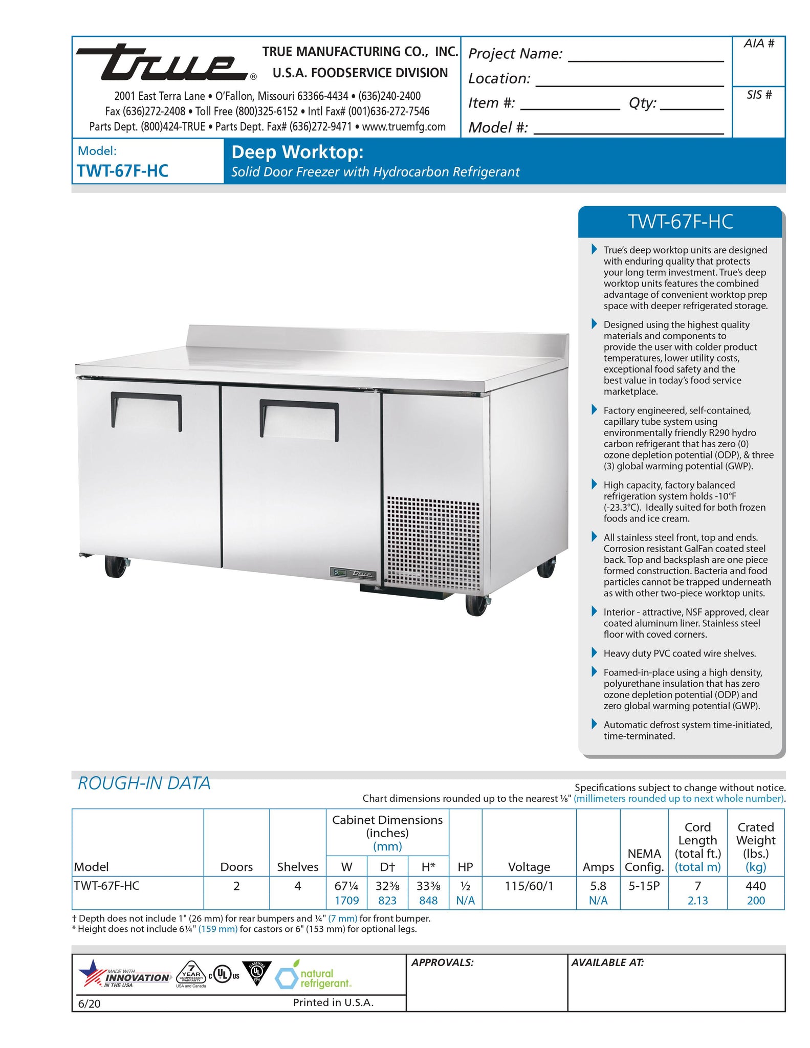 True TWT-67F-HC 67" Two Section Undercounter Worktop Freezer