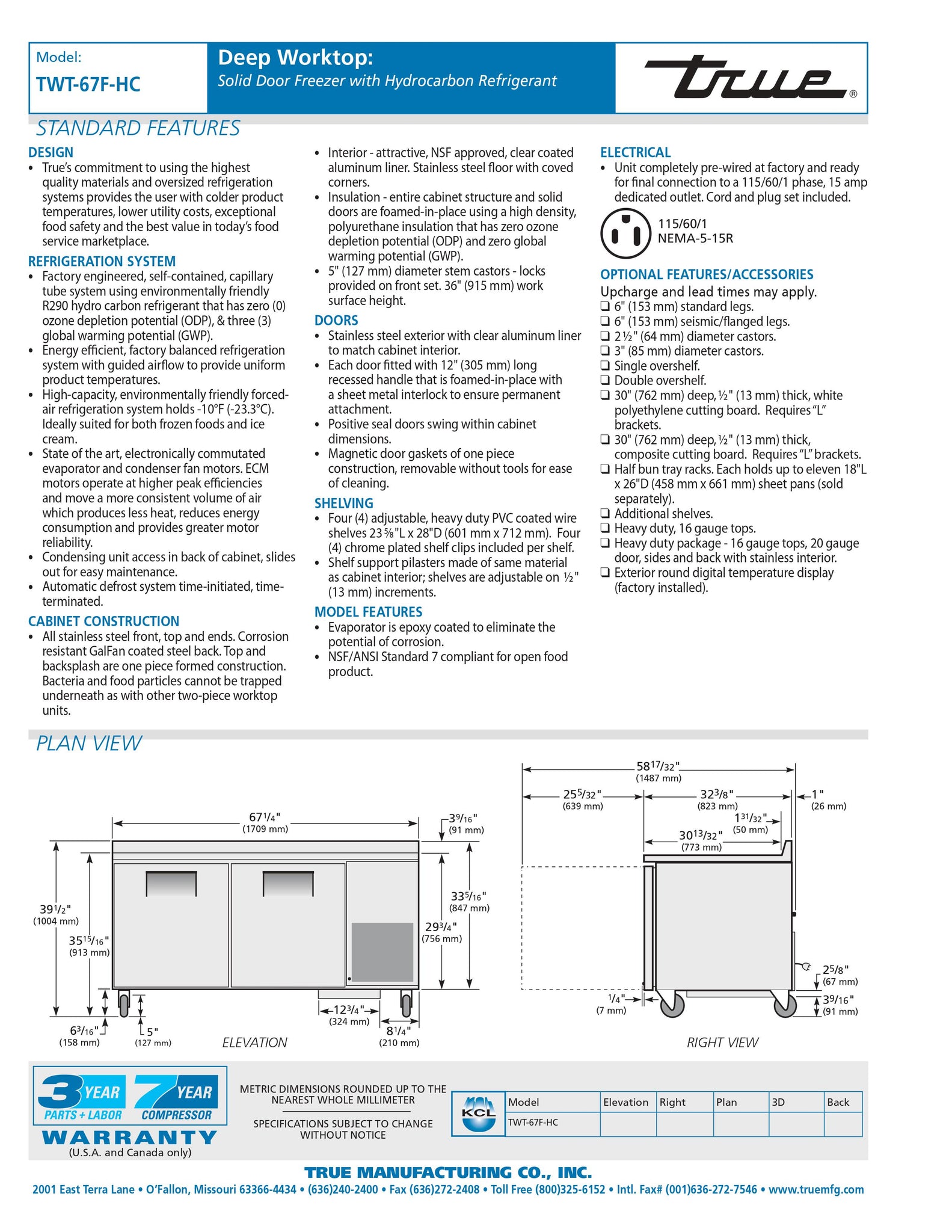 True TWT-67F-HC 67" Two Section Undercounter Worktop Freezer