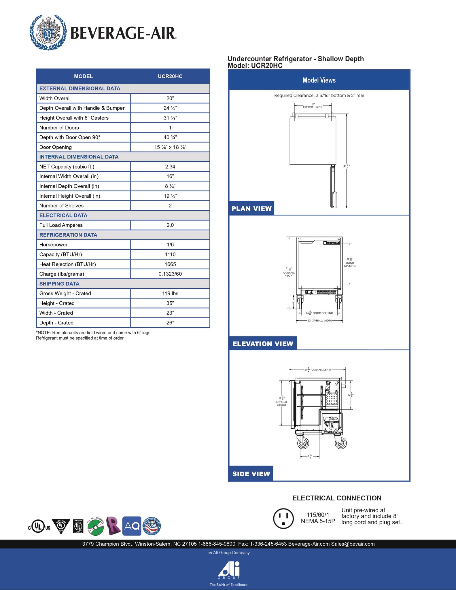 Beverage-Air UCR20HC Double Stacked 20 Shallow Depth Undercounter  Refrigerator with 6 Casters