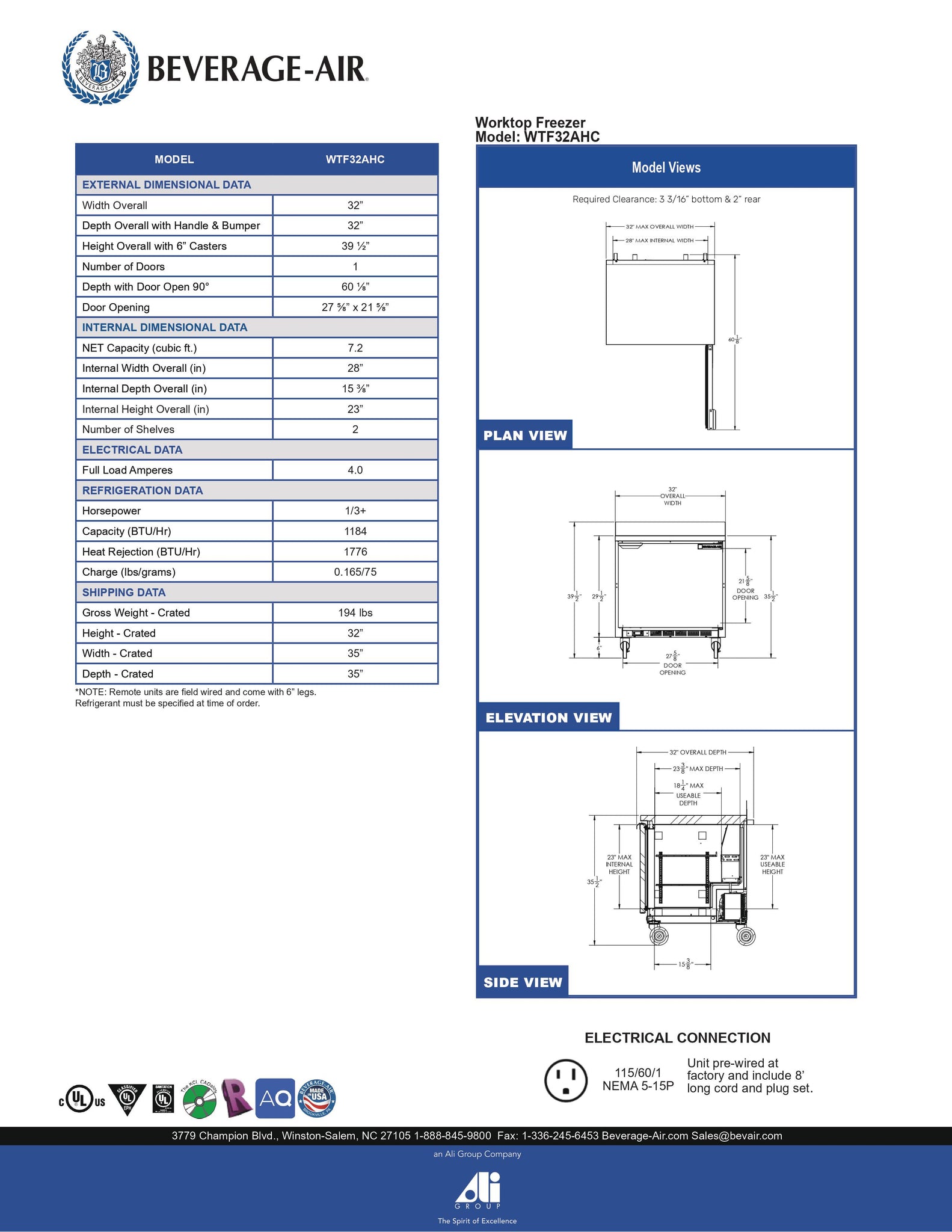 Beverage-Air WTF32AHC 32" One Section Worktop Undercounter Freezer