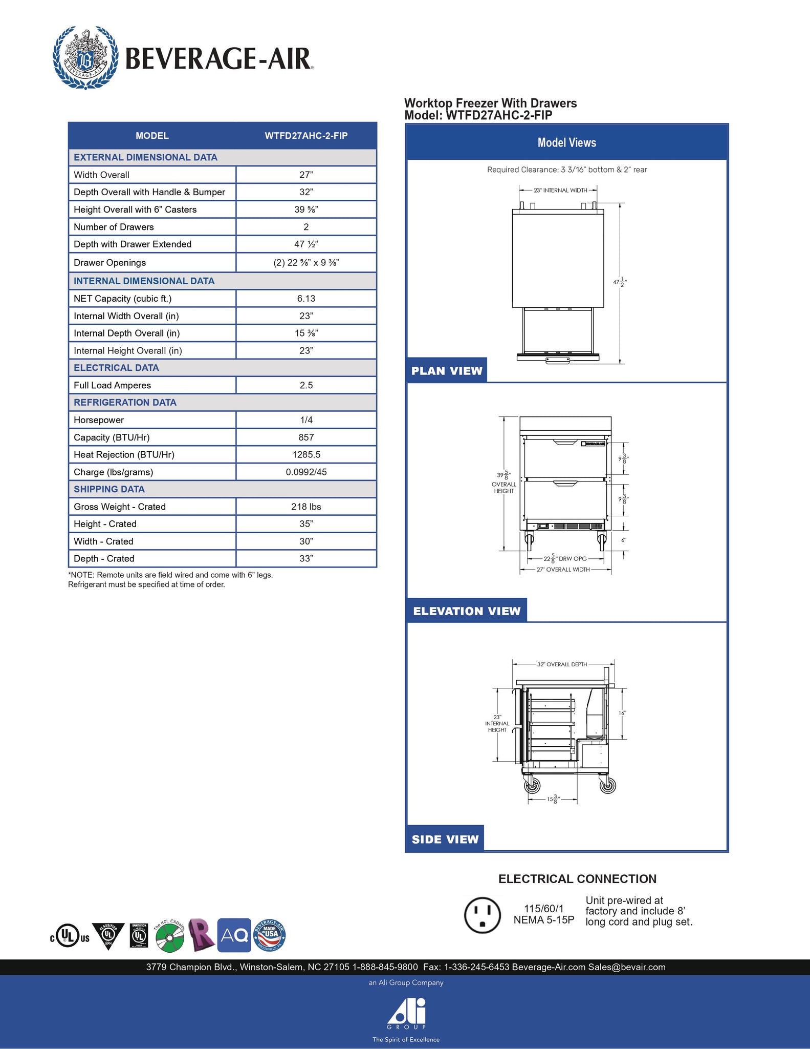 Beverage-Air WTFD27AHC-2-FIP 27" Two Drawer Worktop Undercounter Freezer with Foamed-In Backsplash