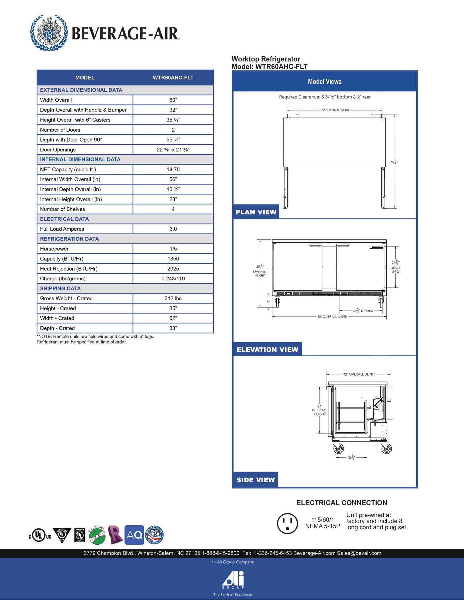 Beverage-Air WTR60AHC-FLT 60" Two Section Undercounter Worktop Refrigerator with Flat Top