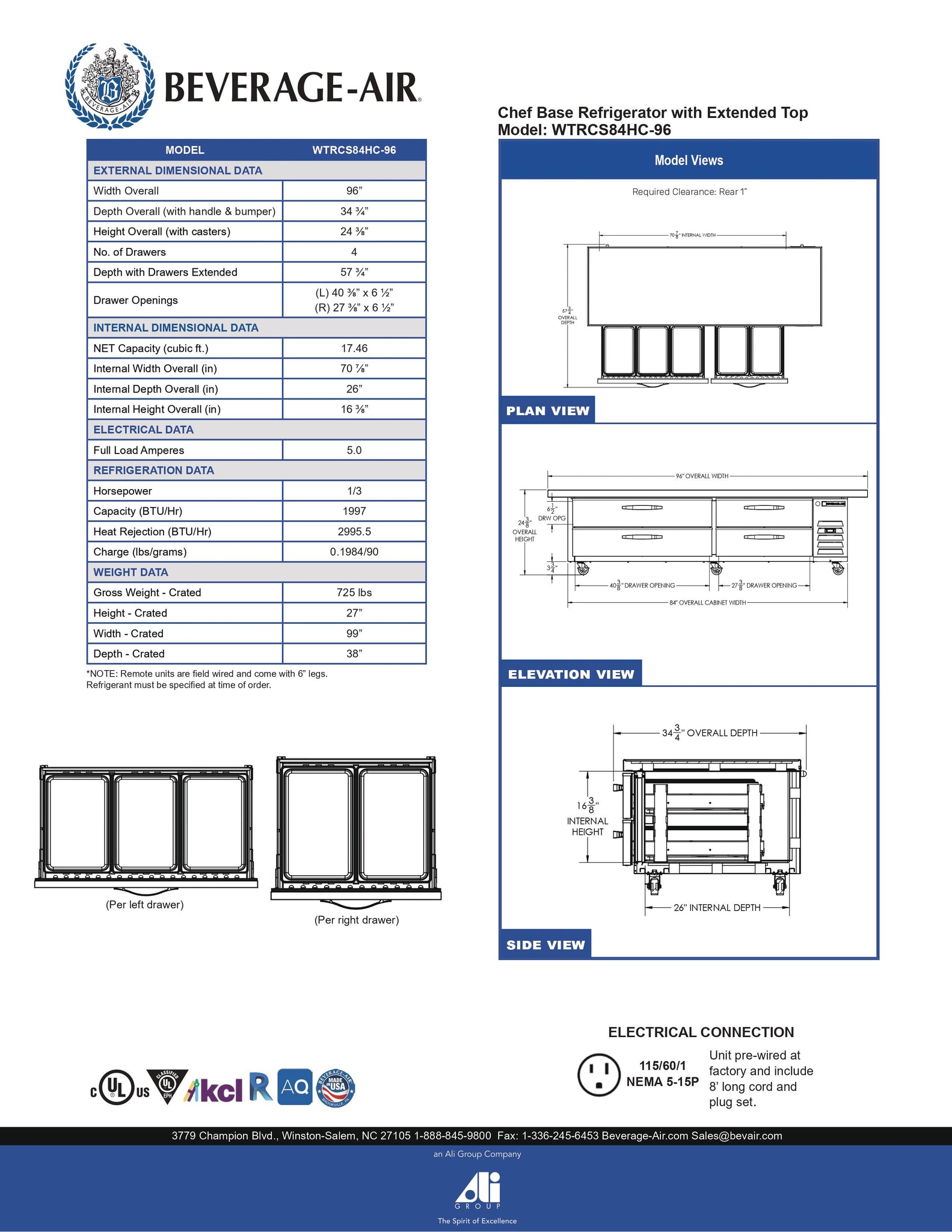 Beverage-Air WTRCS84HC-96 96" Four Drawer Mega Top Refrigerated Chef Base