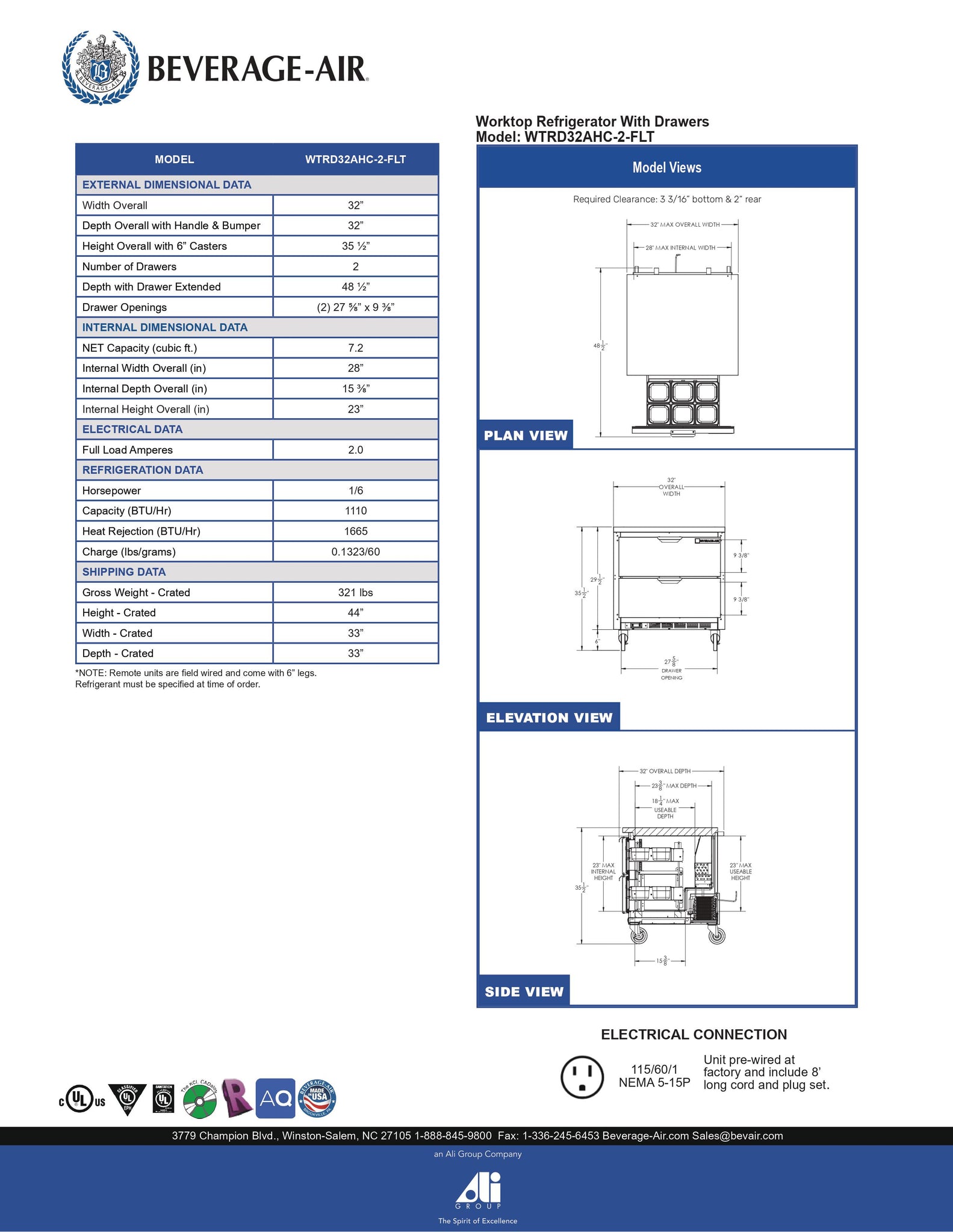 Beverage-Air WTRD32AHC-2-FLT 32" Two Drawer Undercounter Worktop Refrigerator with Flat Top