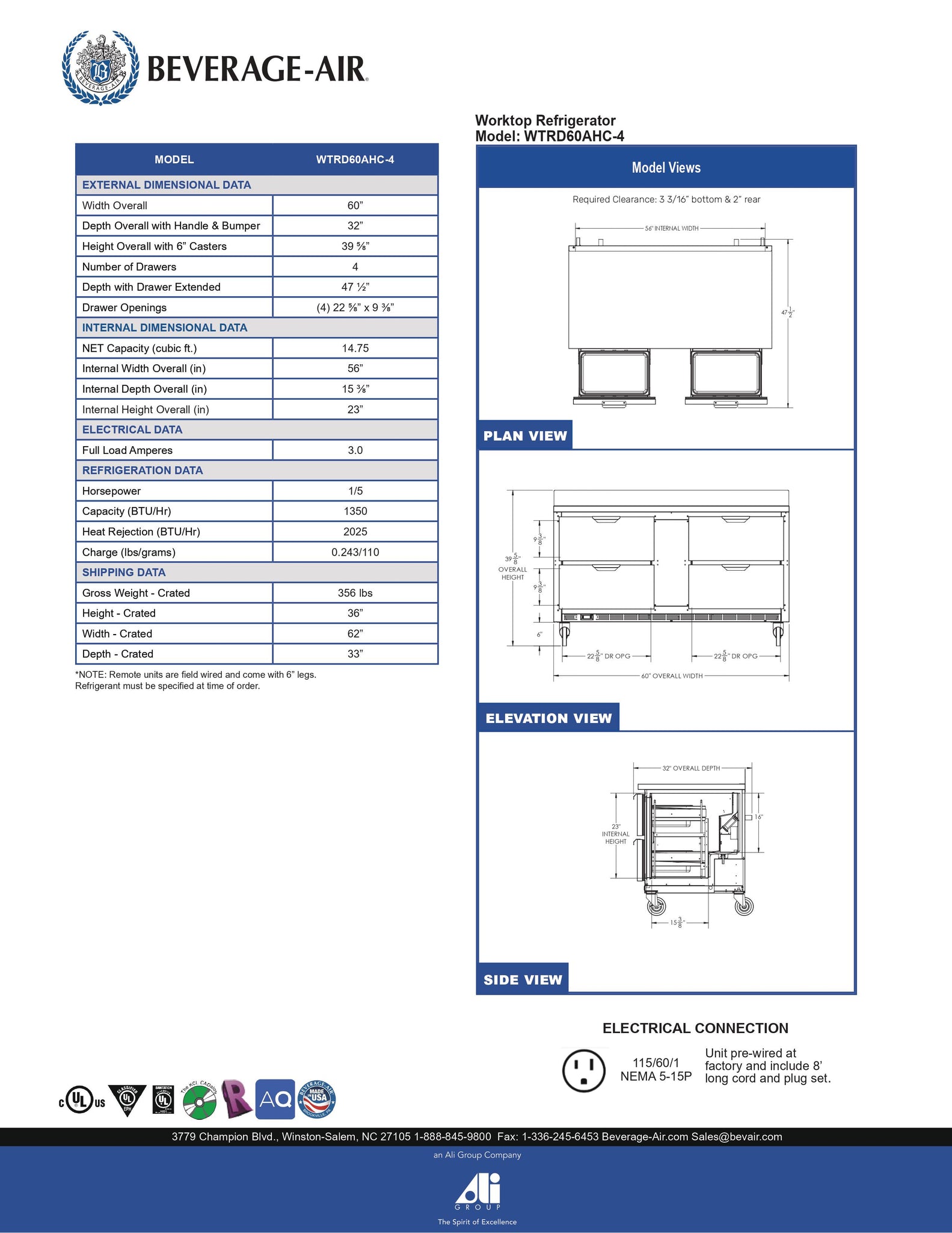 Beverage-Air WTRD60AHC-4 60" Four Drawer Undercounter Worktop Refrigerator