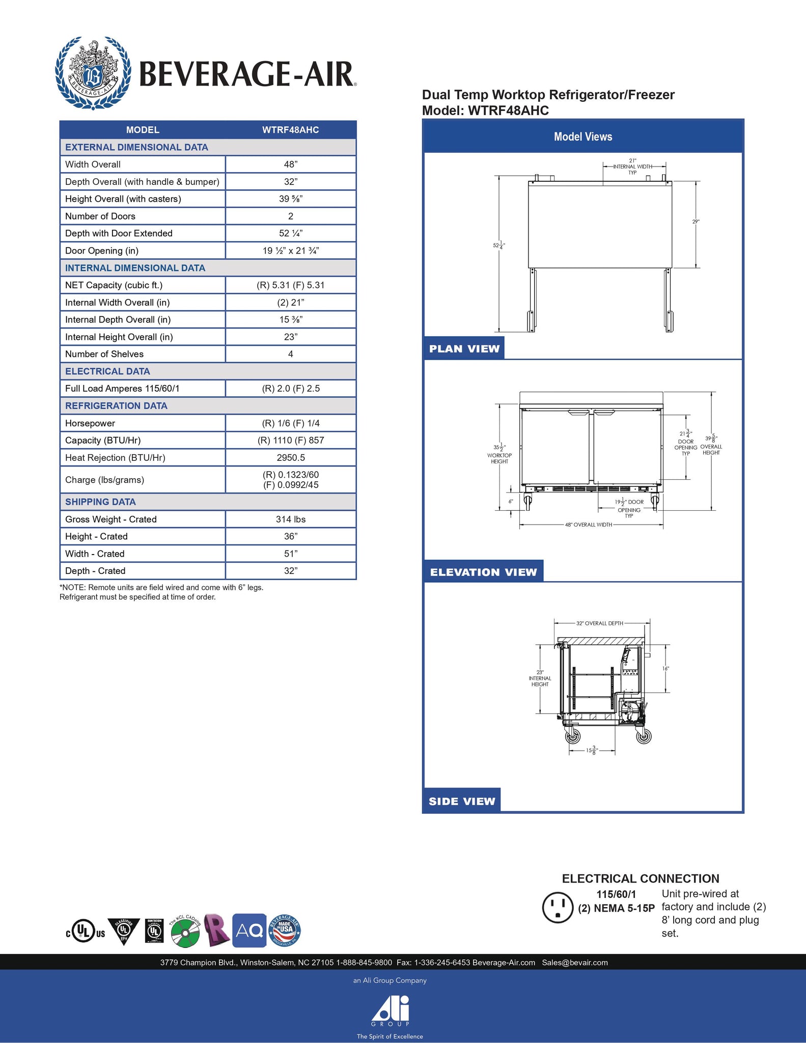 Beverage-Air WTRF48AHC 48" Two Section Undercounter Dual Temperature Worktop Refrigerator / Freezer