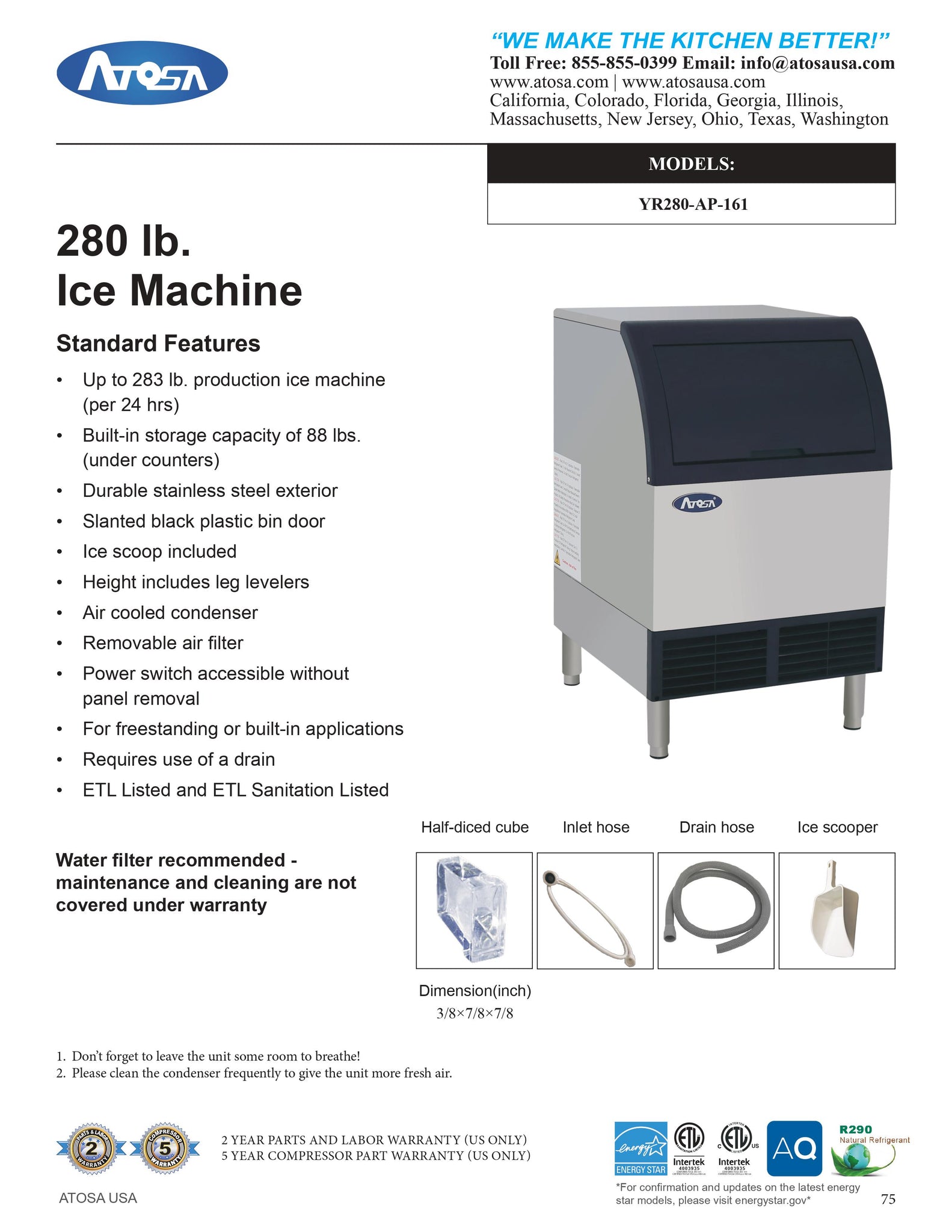 Atosa YR280-AP-161 24" Air Cooler Undercounter Full Dice Ice Machine - 283 lb.