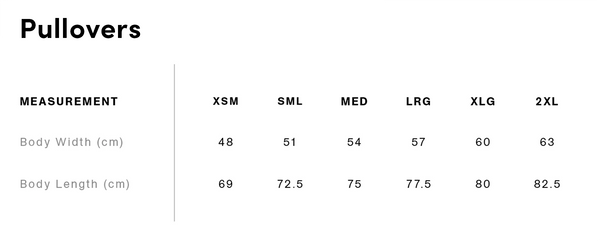 Pullovers sizing chart