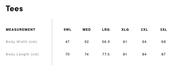 Tees sizing chart