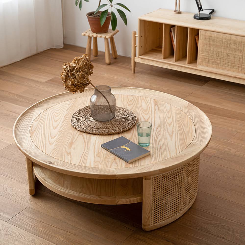 2-Tiered Japandi Round Wood Coffee Table with Rattan Base NYX3_Y4CPE71