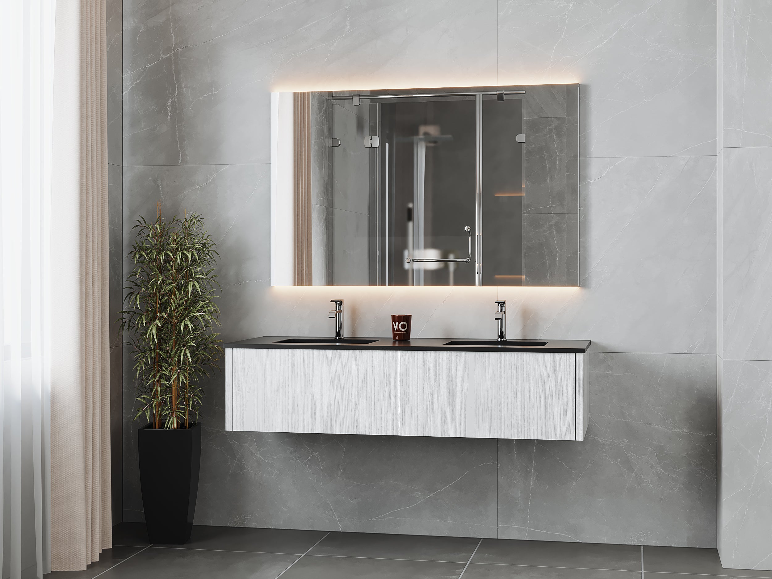 Legno 60" Alabaster White Double Sink Bathroom Vanity with Matte Black VIVA Stone Solid Surface Countertop