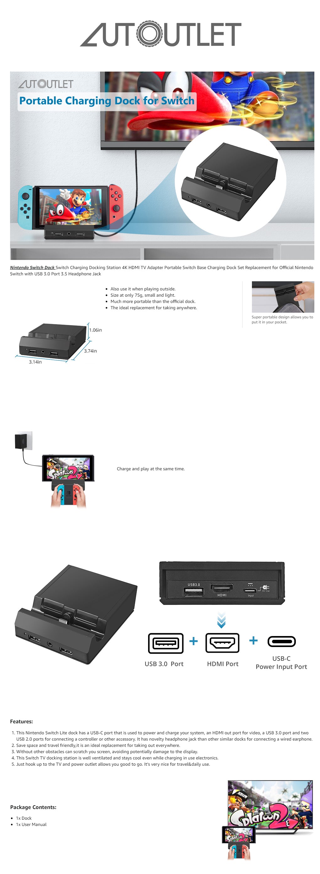 AUTOUTLET Dock Portable Switch Charging Dock