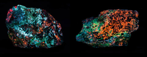 fluorescent mineral specimen of tugtupite, sodalite, analcime