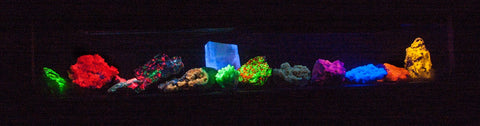 various fluorescent minerals such as calcite, fluorite, willemite