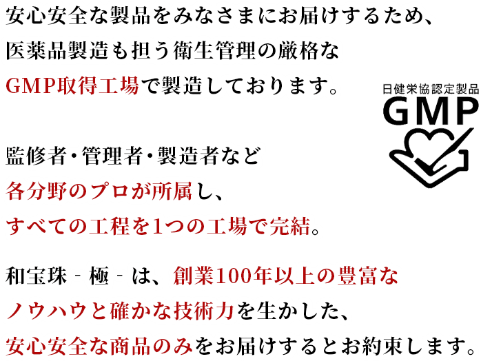 安心安全な製品をみなさまにお届けするため、医薬品製造も担う衛生管理の厳格なGMP取得工場で製造しております。