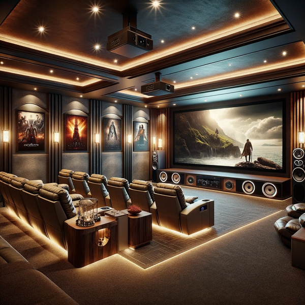 Basement home theater with TV, projector and screen, sound