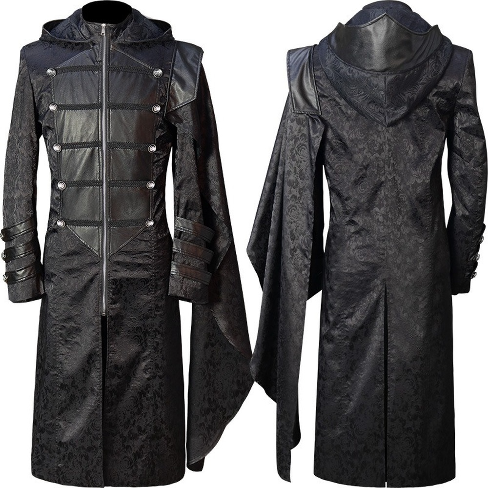 Men Steampunk Trench Coat Gothic Long All Black Jacket Halloween Cost ...
