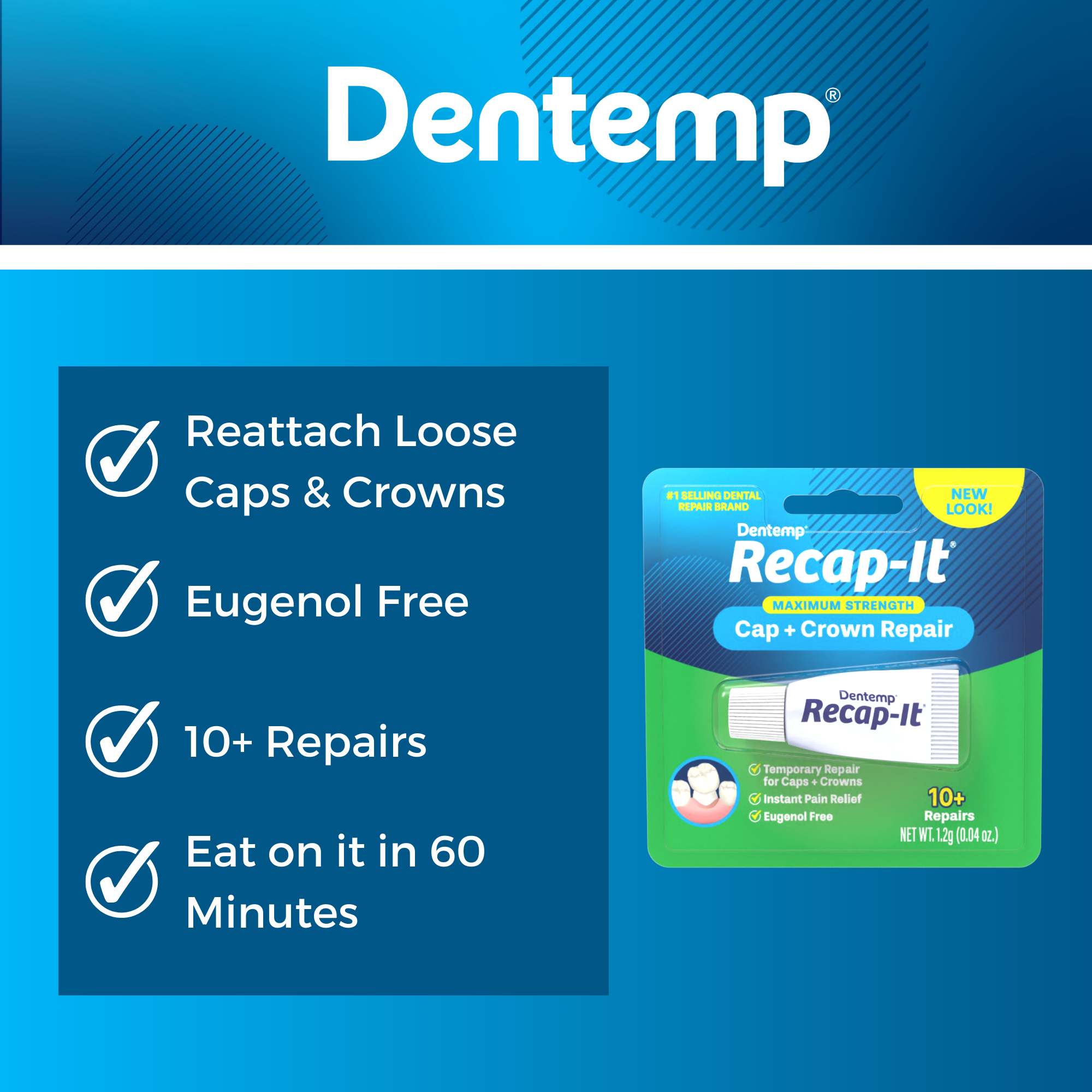 Dentemp Maximum Strength Lost Filling and Loose Cap Repair Kit for Instant  Pain Relief, 12 Uses (Pack of 2)