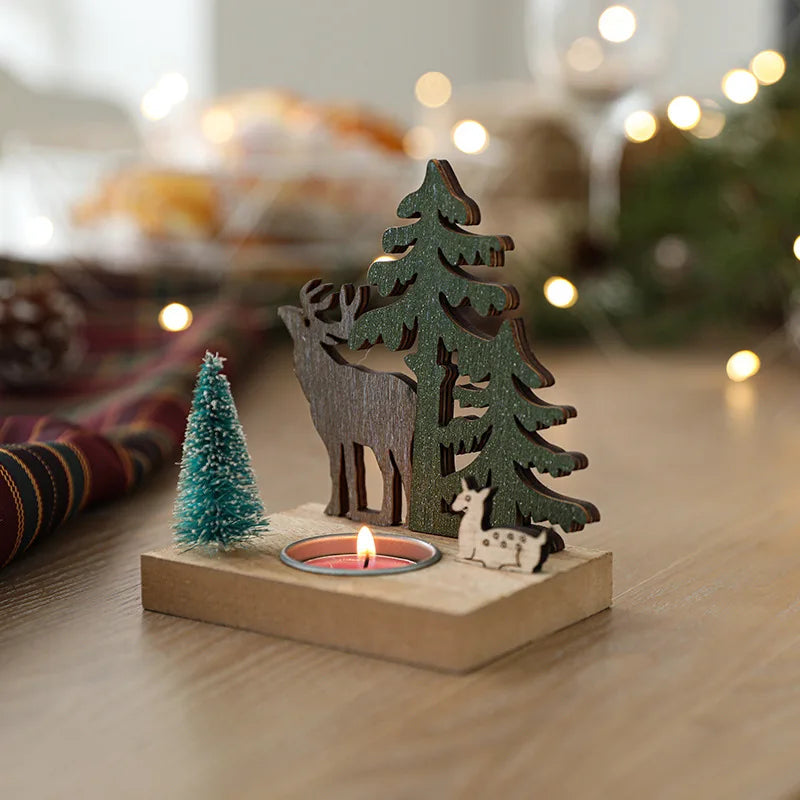 Charming Wooden Santa & Elk Candlestick Set - Image 7