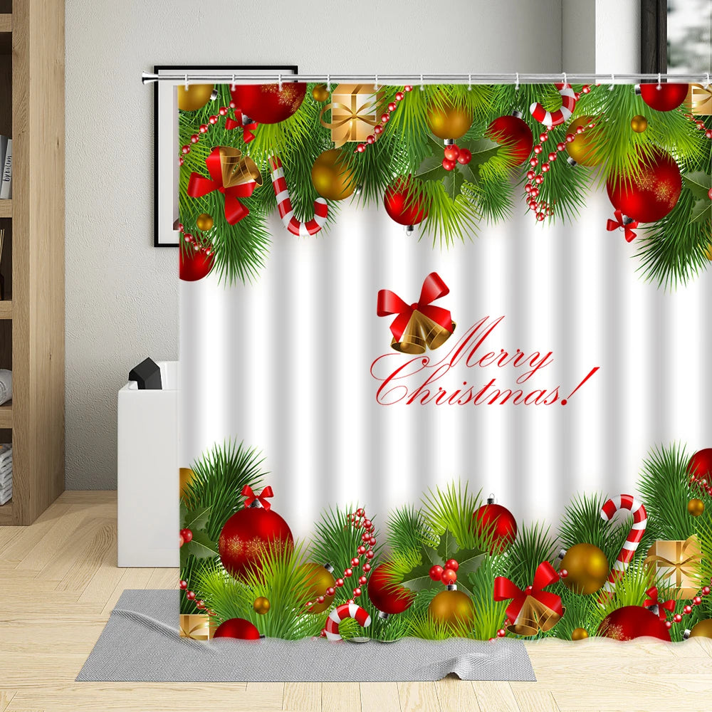 Festive Green Plant & Christmas Ball Shower Curtain - Image 20